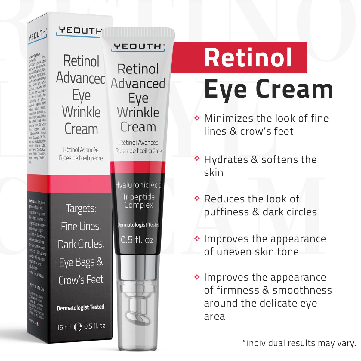 Foto 3 pulgar | Crema De Ojos Yeouth Retinol, Reafirmante Antienvejecimiento, 15 Ml, Con Ácido Hialurónico - Venta Internacional.