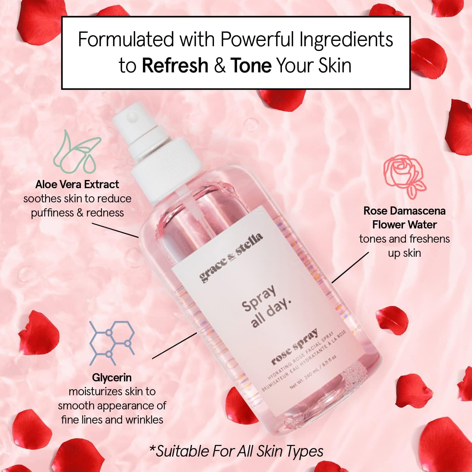 Foto 5 pulgar | Spray Facial Grace & Stella, Galardonado Con El Premio, Agua De Rosas, 240 Ml - Venta Internacional.