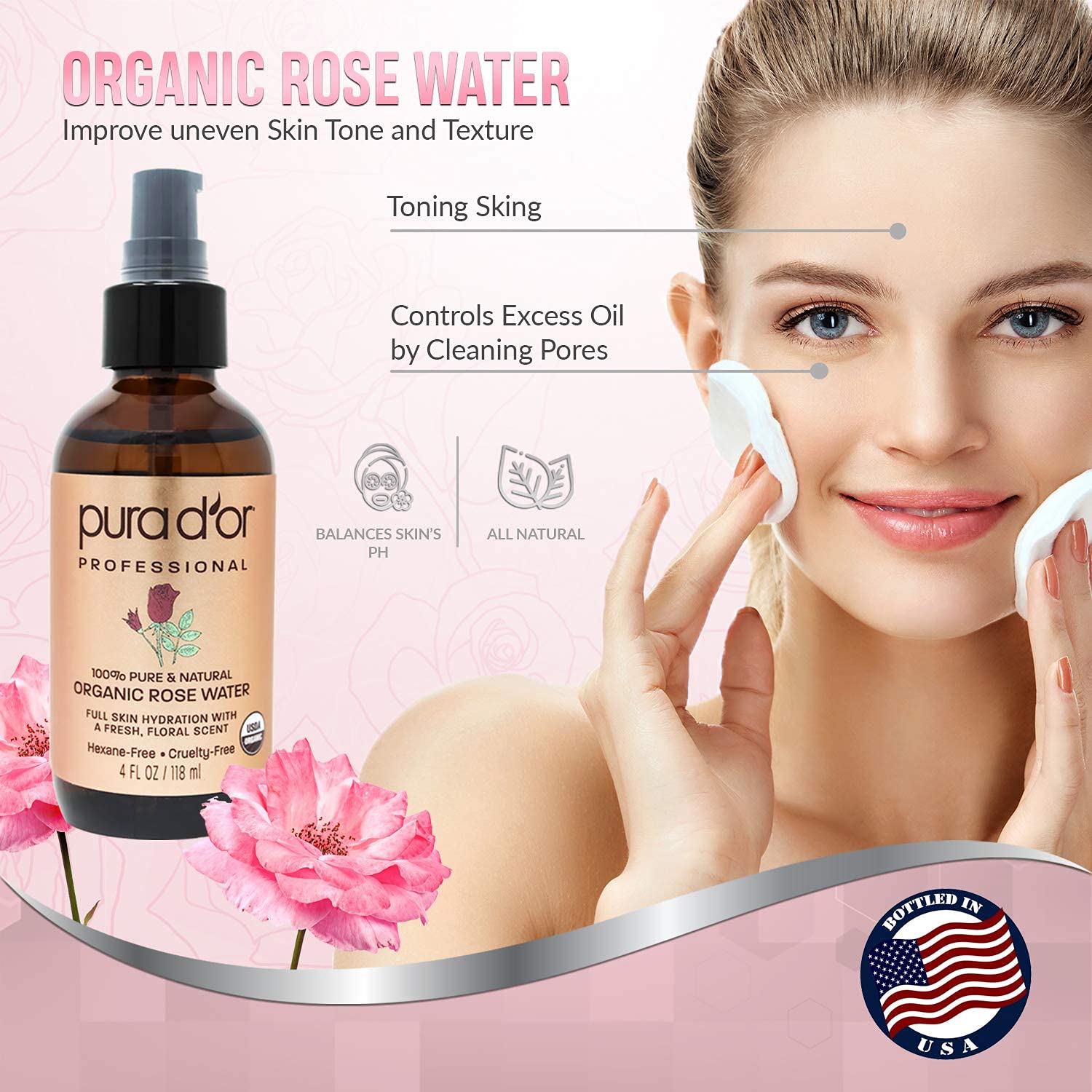 Foto 2 | Tónico De Agua De Rosas Pura D'or Organic Eau Fraiche 118 Ml - Venta Internacional.