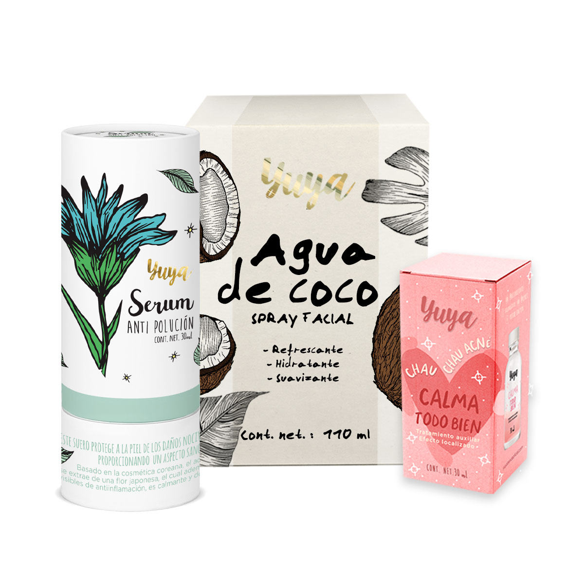 Kit Yuya de Agua de Coco Hidratante Suero Anti Polución Tratamiento Antiacné Calma Todo Bien