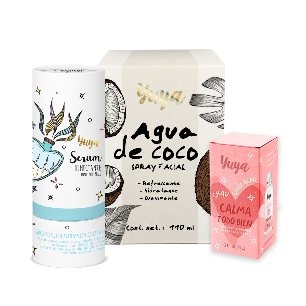 Kit Yuya Agua de Coco Hidratante Suero Humectante Tratamiento Antiacné Calma Todo Bien