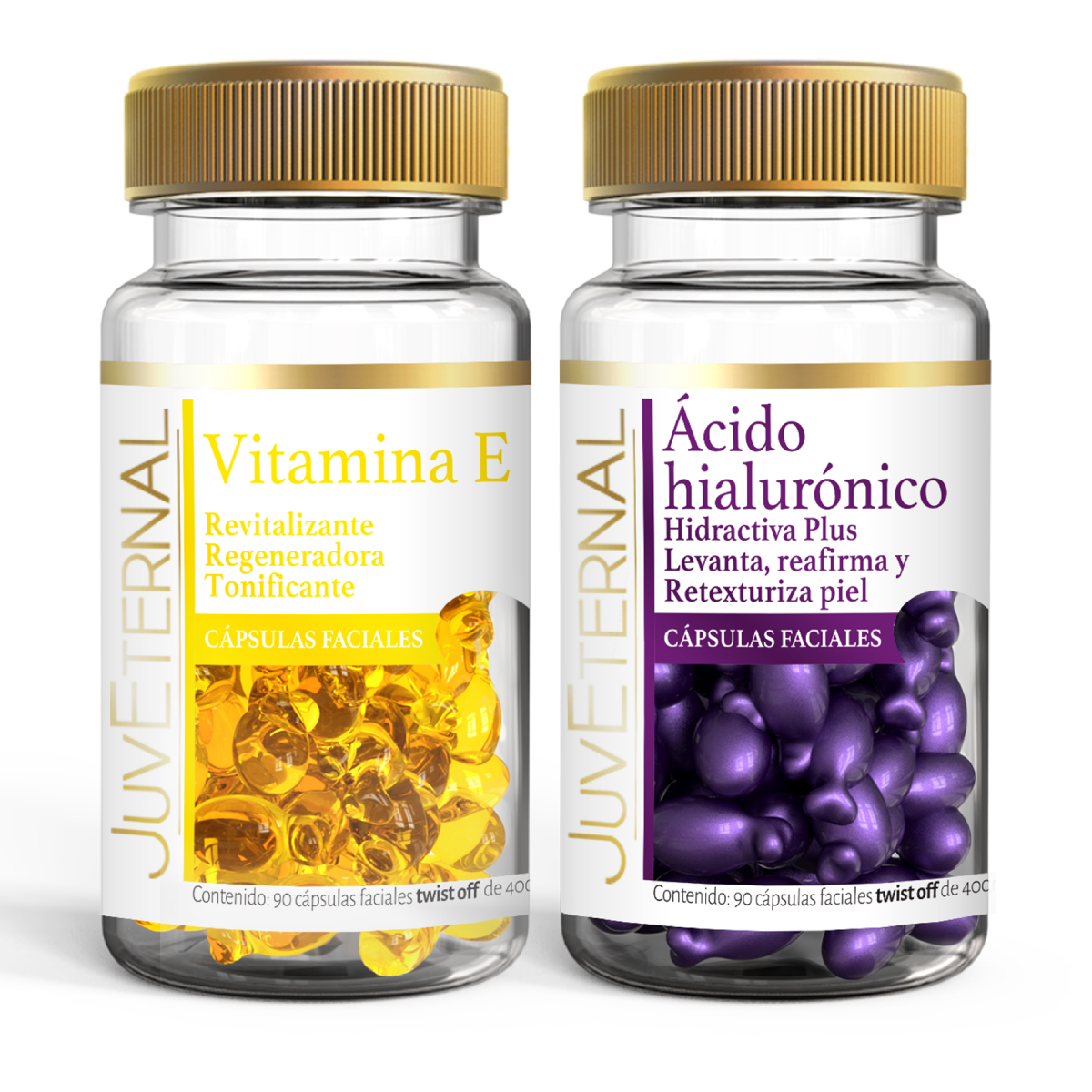 Dúo Cápsulas Faciales Vitamina E Ácido Hialurónico Juveternal 90 Cápsulas Revitaliza y Regenera la Piel