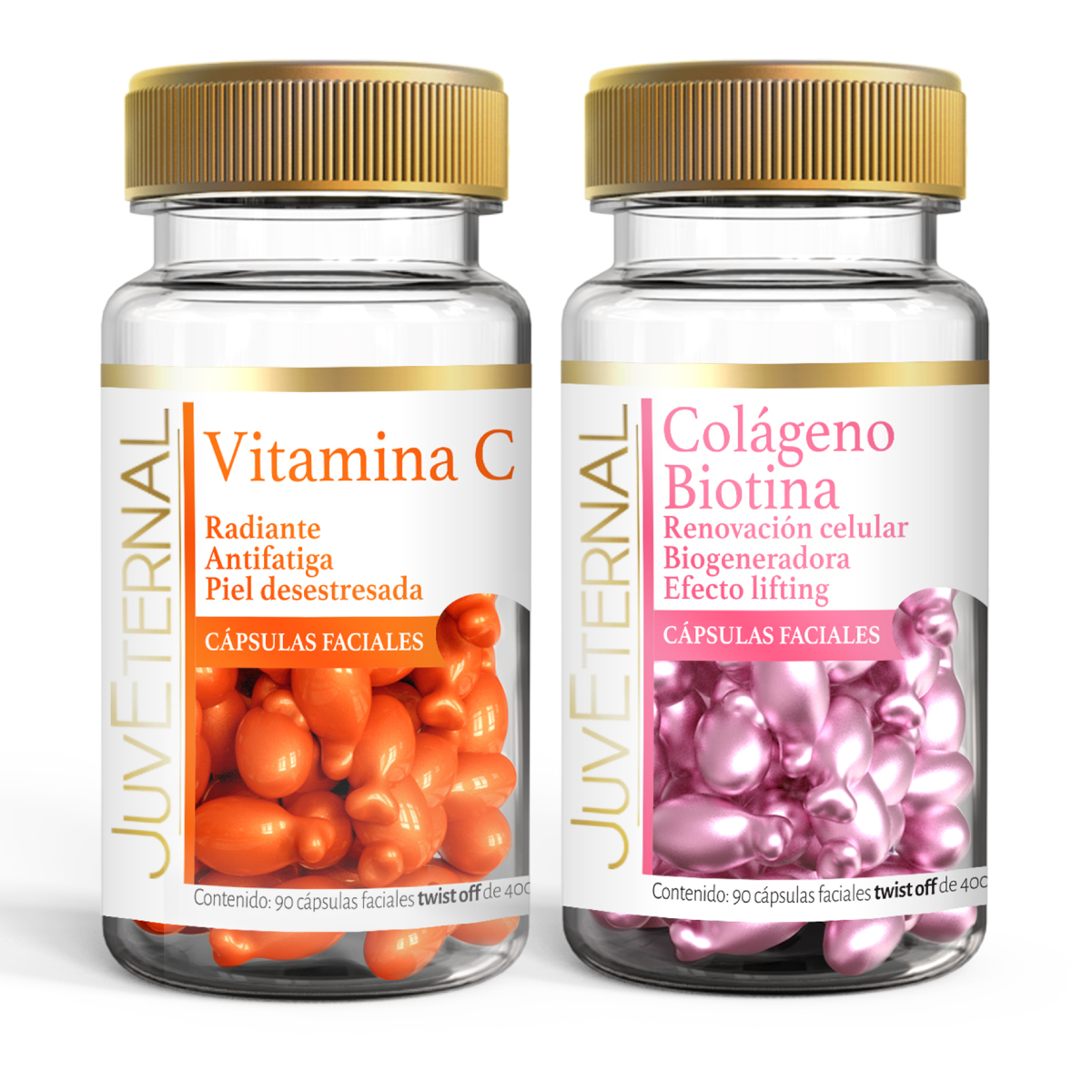 Dúo Cápsulas Faciales Colágeno Biotina Vitamina C Juveternal 90 Cápsulas c/u Efecto Lifting Antioxidante