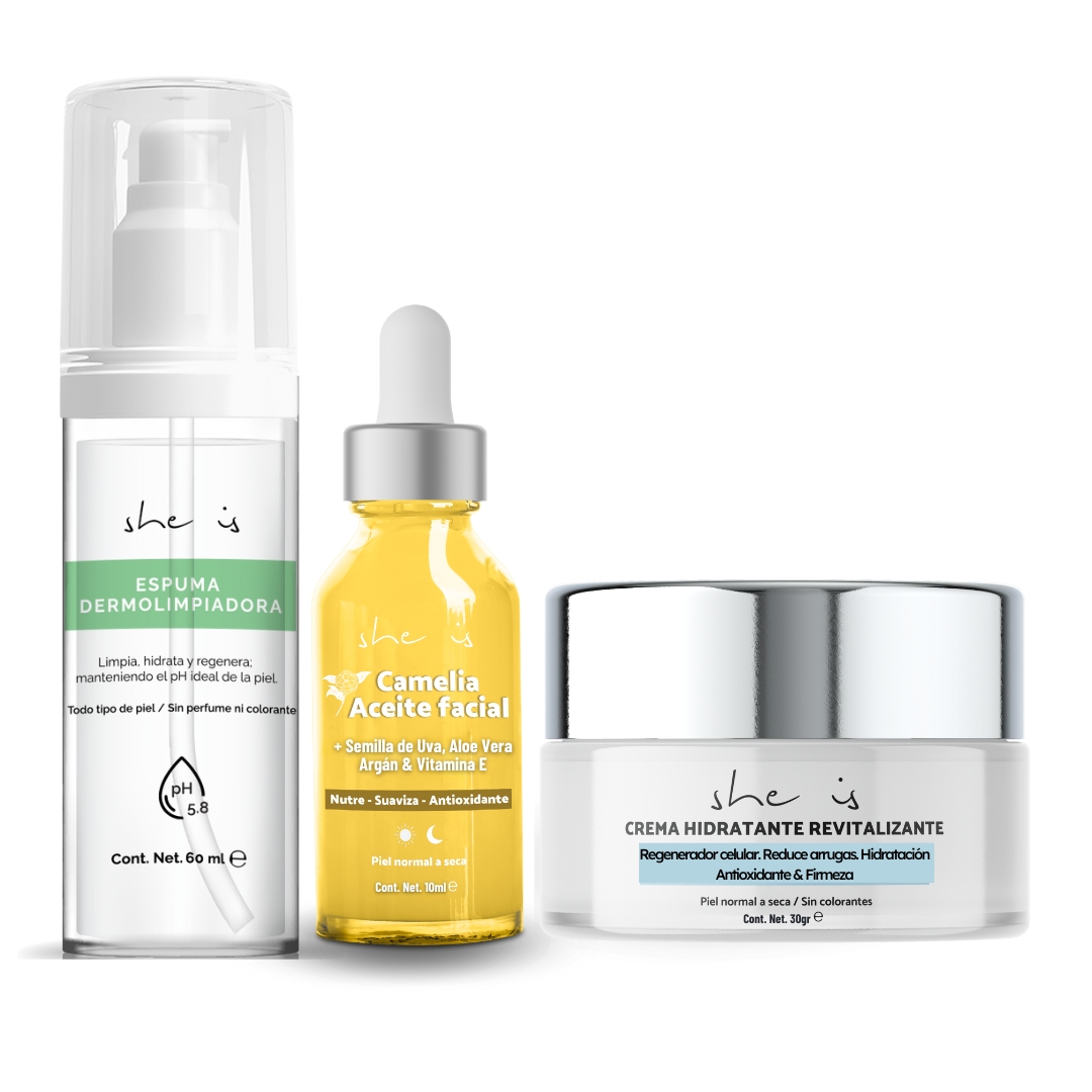 Mini Kit Facial Restaurador She is Skincare para Piel Seca Gel Crema + Espuma Dermolimpiadora