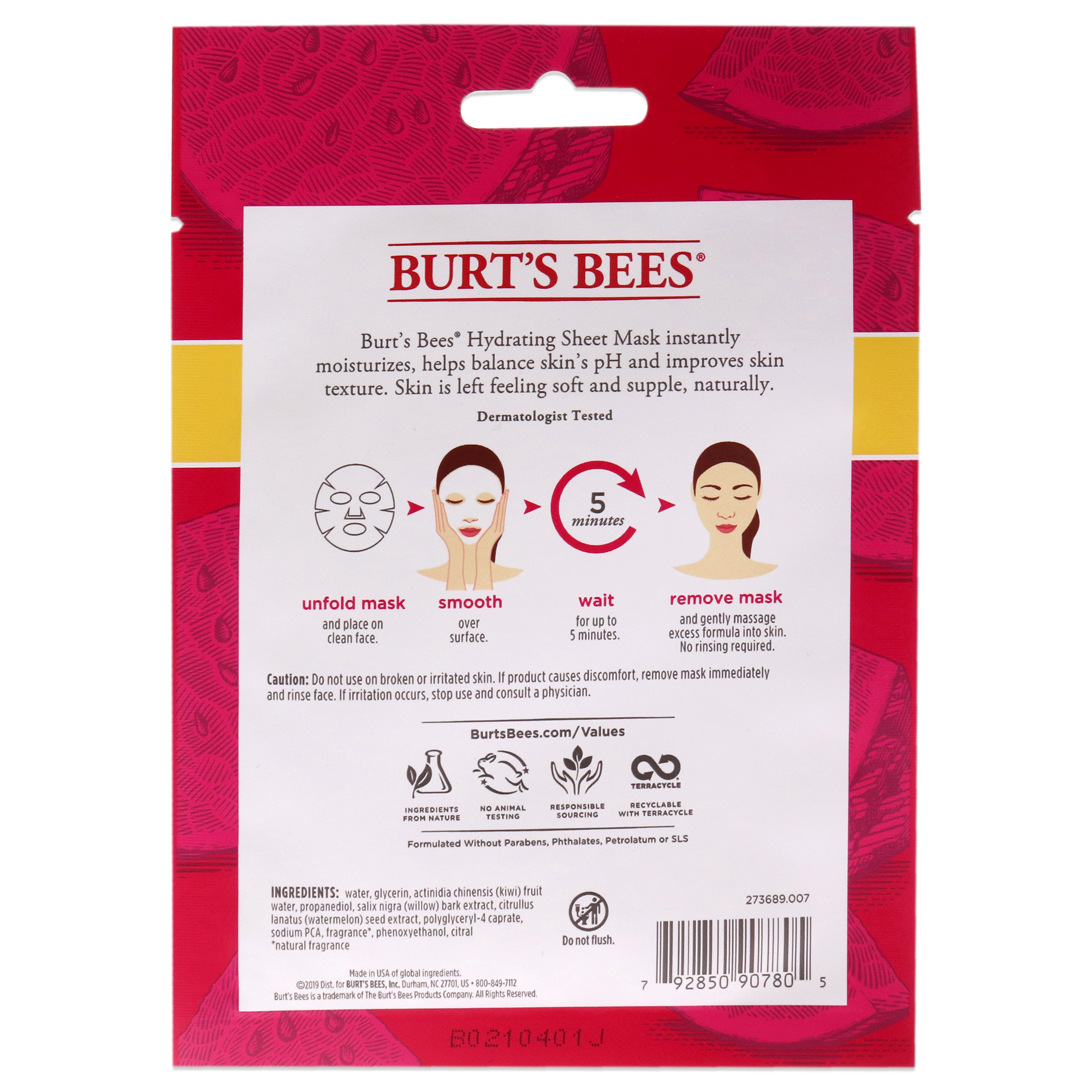 Foto 4 | Máscara En Láminas Burts Bees Hidratante Sandía, 1 Máscara - Venta Internacional.