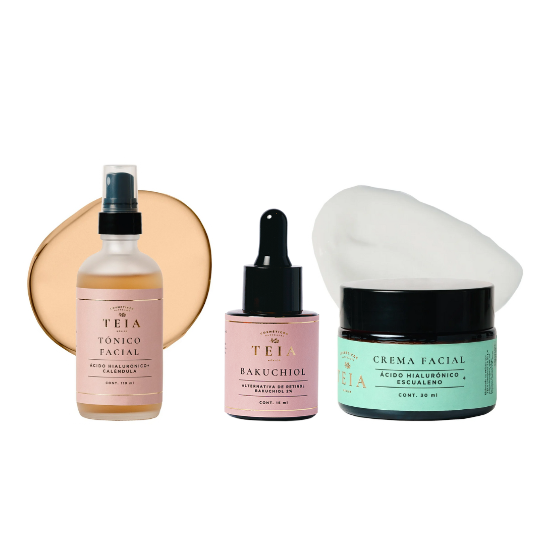 Kit Teia Cosméticos Antiedad Tónico Con Ácido Hilurónico + Serum Bakuchiol + Crema Facial Hidratante