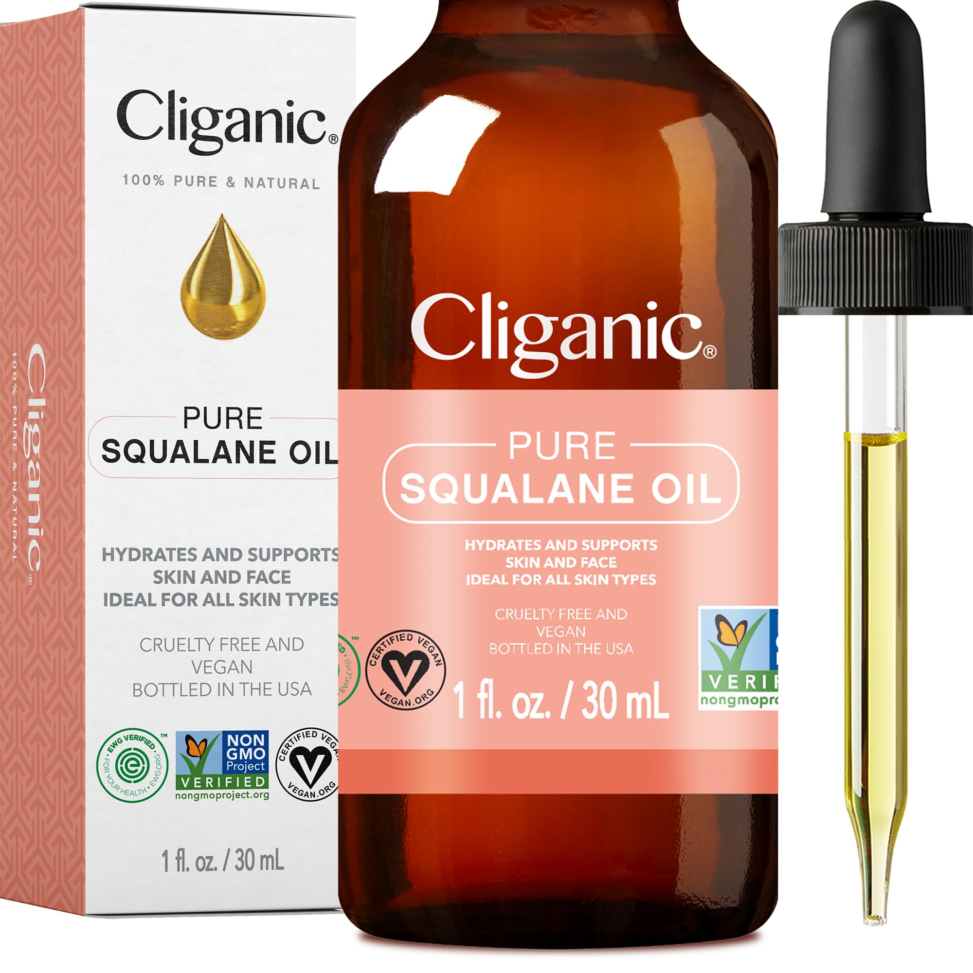 Aceite de Escualano Cliganic Pure para Piel y Cabello 60 Ml - Venta Internacional