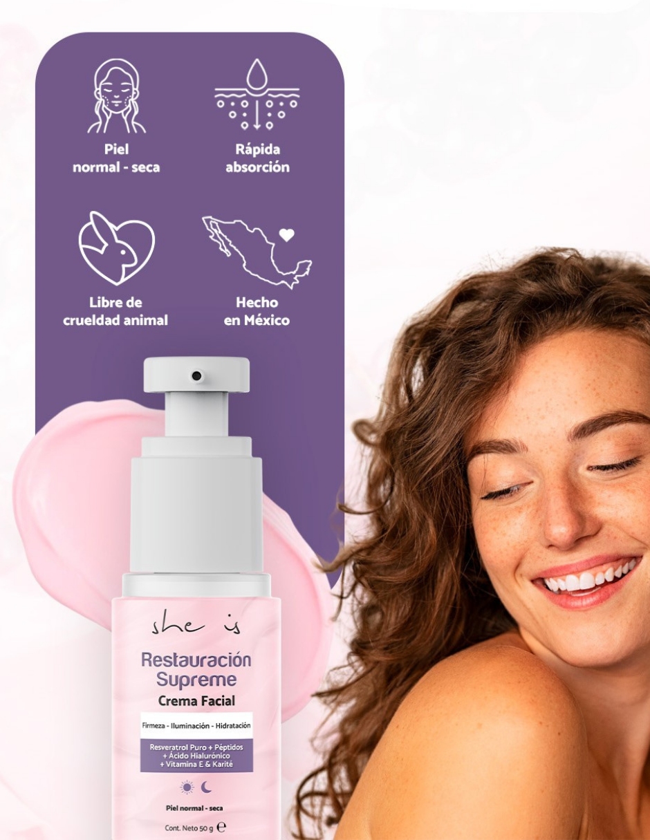 Foto 6 pulgar | Crema Facial Restauración Supreme Con Péptidos Y Resveratrol 50g She Is Skincare