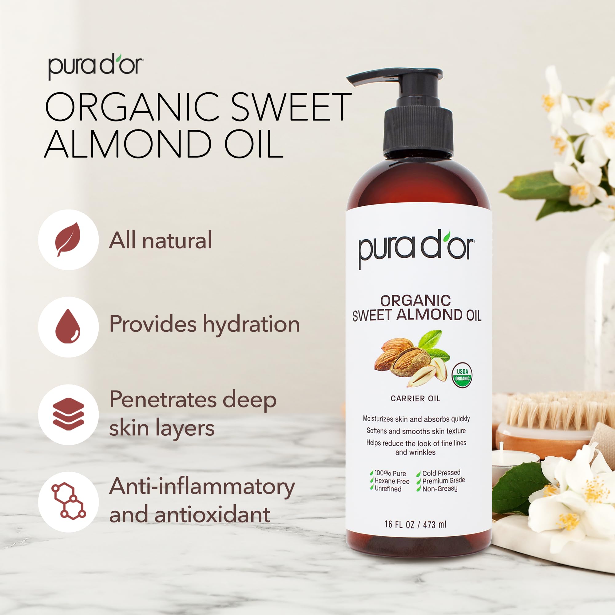 Foto 2 | Aceite De Almendras Dulces Pura D'or 473 Ml 100% Orgánico Puro - Venta Internacional.