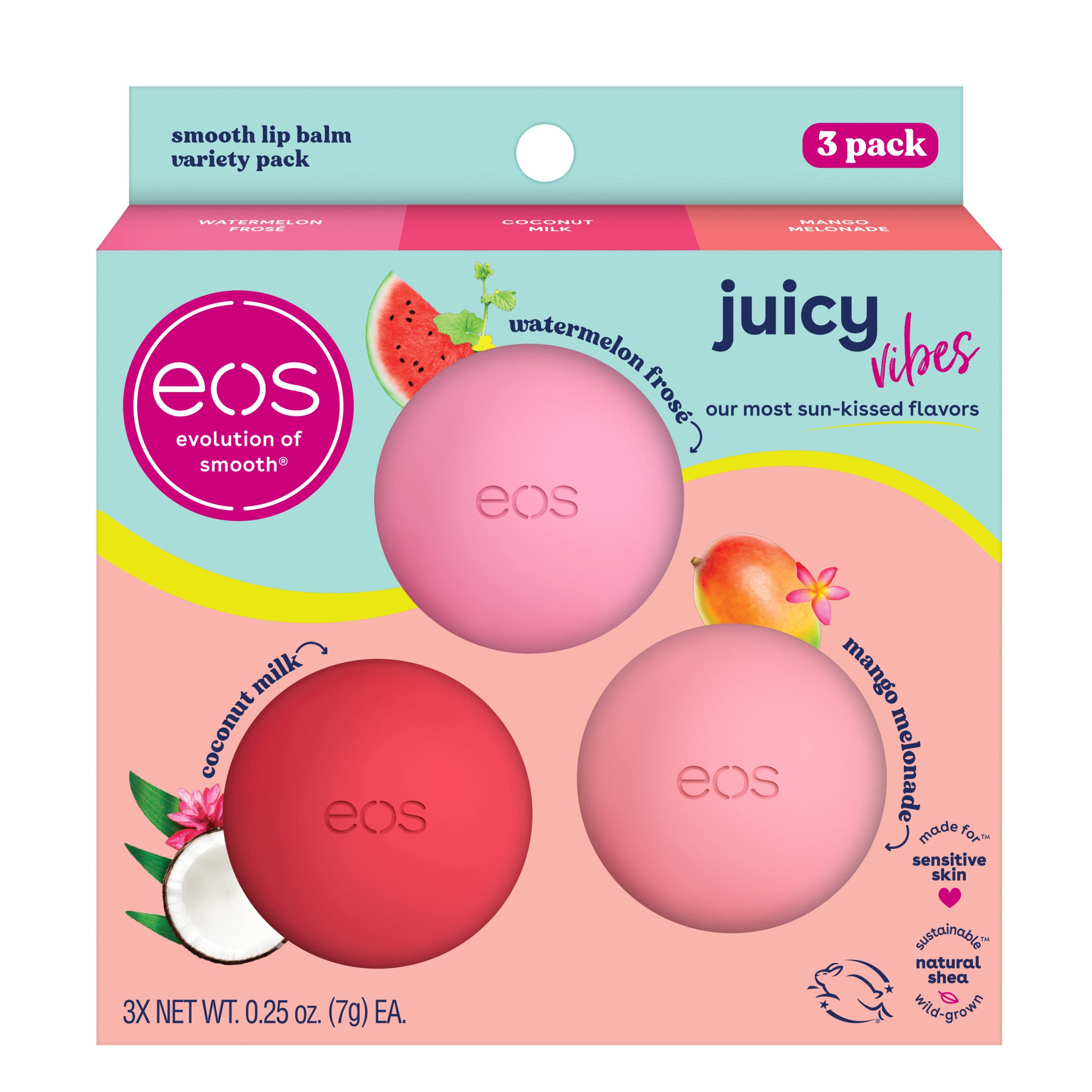 Foto 1 | Bálsamo Labial Eos Juicy Vibes, Helado De Sandía, Melonada De Mango Y Leche De Coco, 7 Ml, Paquete De 3 - Venta