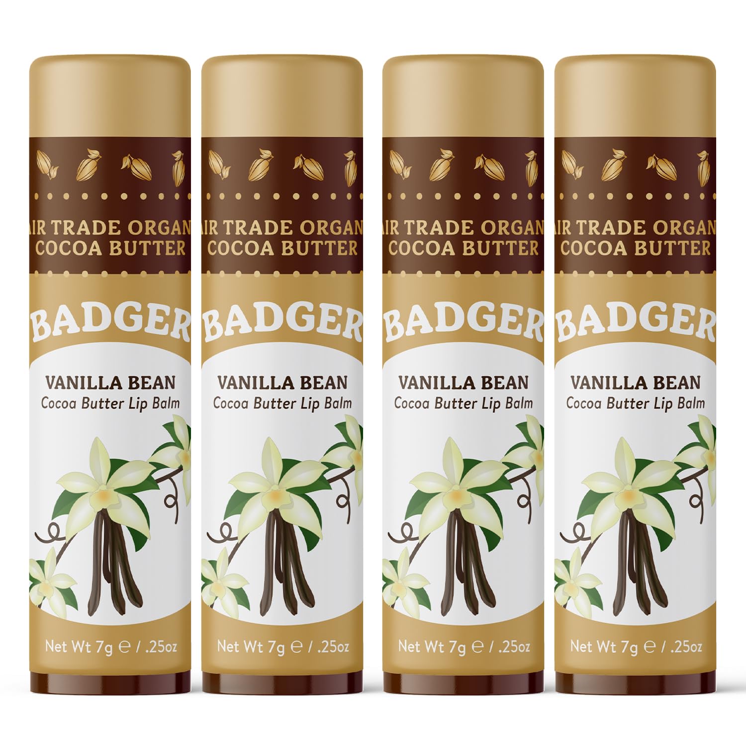 Bálsamo Labial Badger, Vainilla Y Manteca De Cacao 100% Orgánica, Paquete De 4 - Venta Internacional.