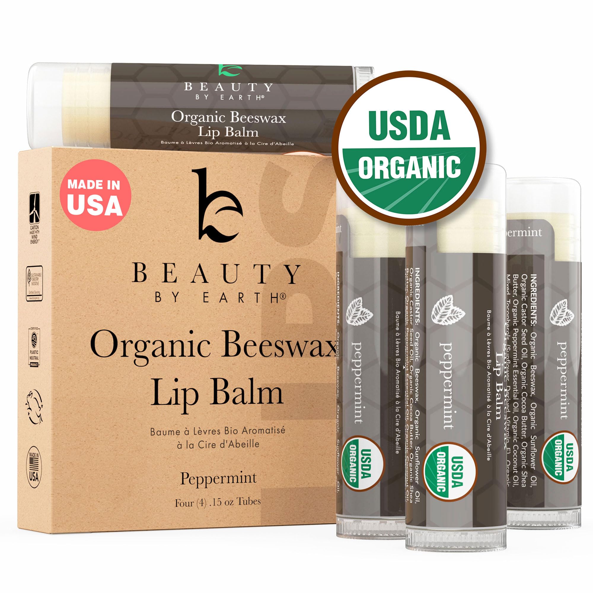 Bálsamo Labial Beauty By Earth Peppermint Organic  Paquete De 4 - Venta Internacional.