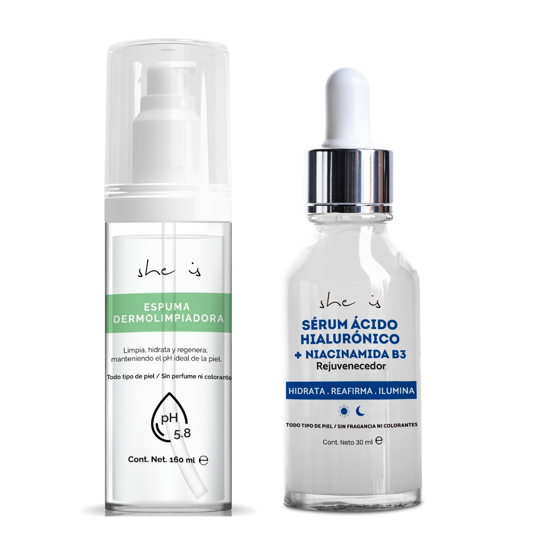 Kit Facial She is Skincare Rejuvenecedor Sérum Ác. Hialurónico + Espuma Dermolimpiadora