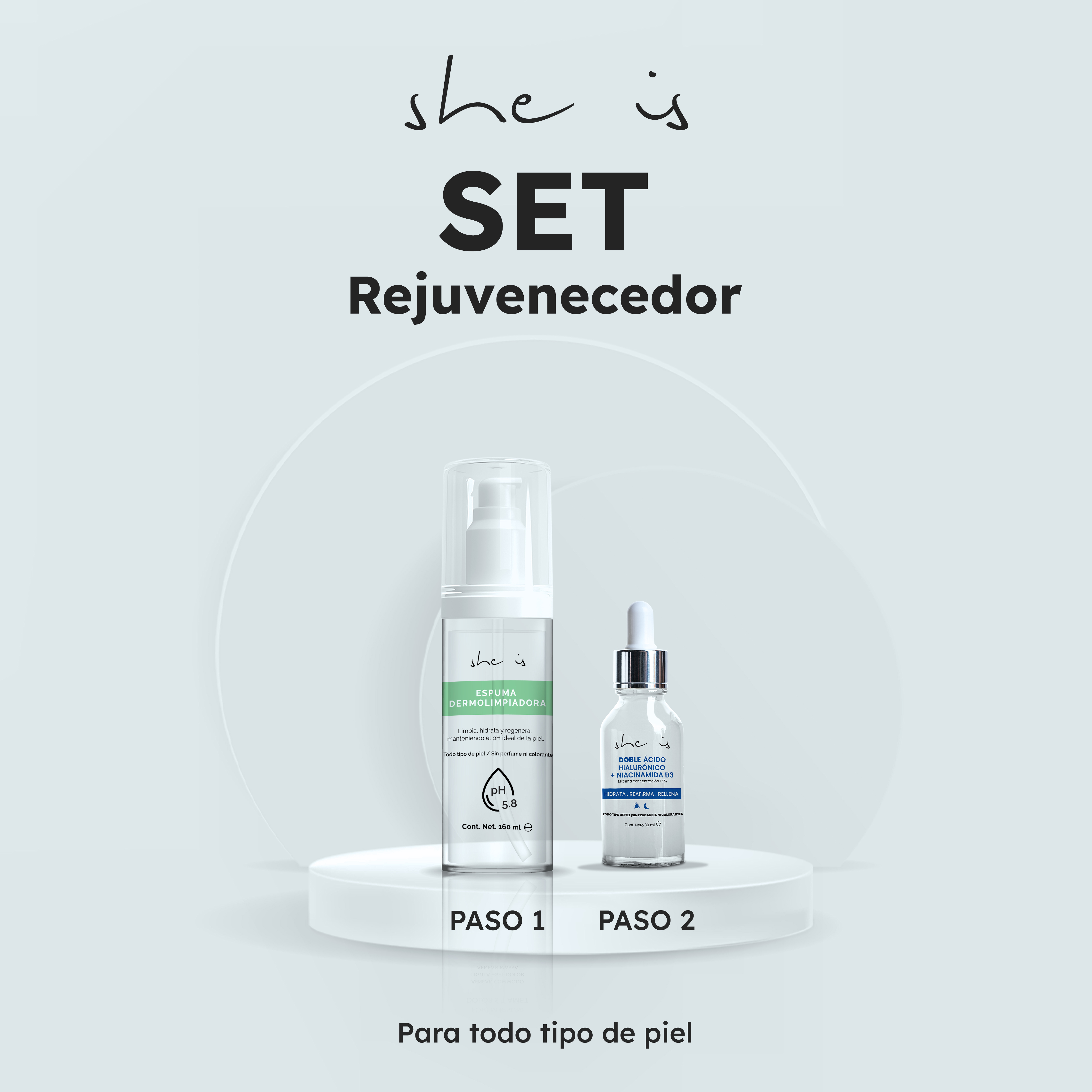 Foto 3 pulgar | Kit Facial She is Skincare Rejuvenecedor Sérum Ác. Hialurónico + Espuma Dermolimpiadora