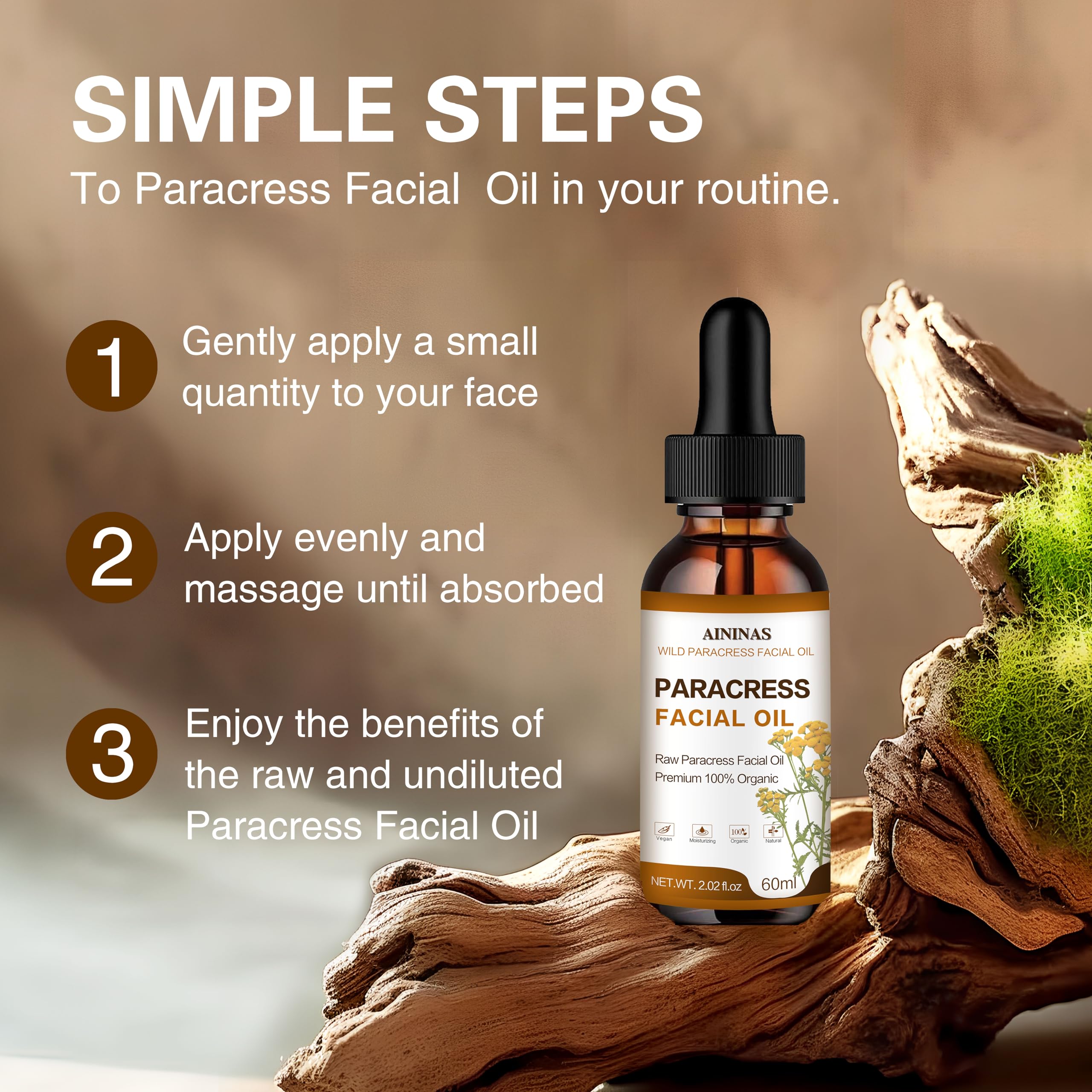 Foto 4 pulgar | Aceite Facial Aininas Paracress 100% Orgánico Antienvejecimiento 60 Ml - Venta Internacional.