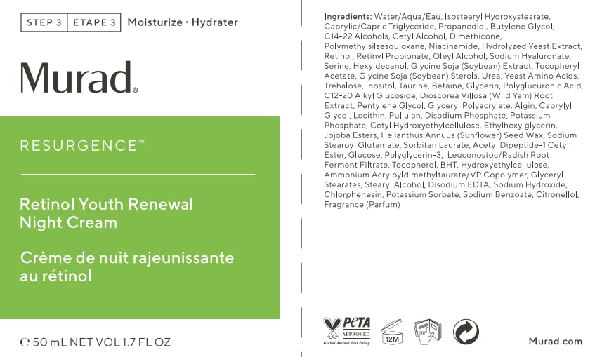 Foto 7 pulgar | Crema De Noche Murad Resurgence Retinol Youth Renewal 50 Ml - Venta Internacional.