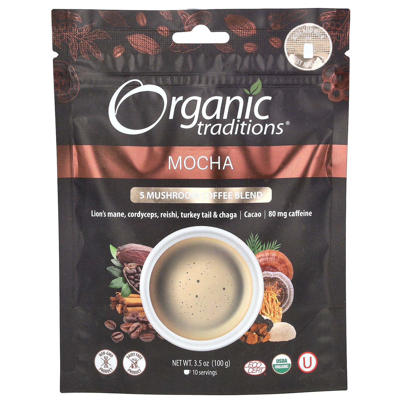 Coffee Blend Organic Traditions  5 Hongos  Moca  100 G - Venta Internacional.
