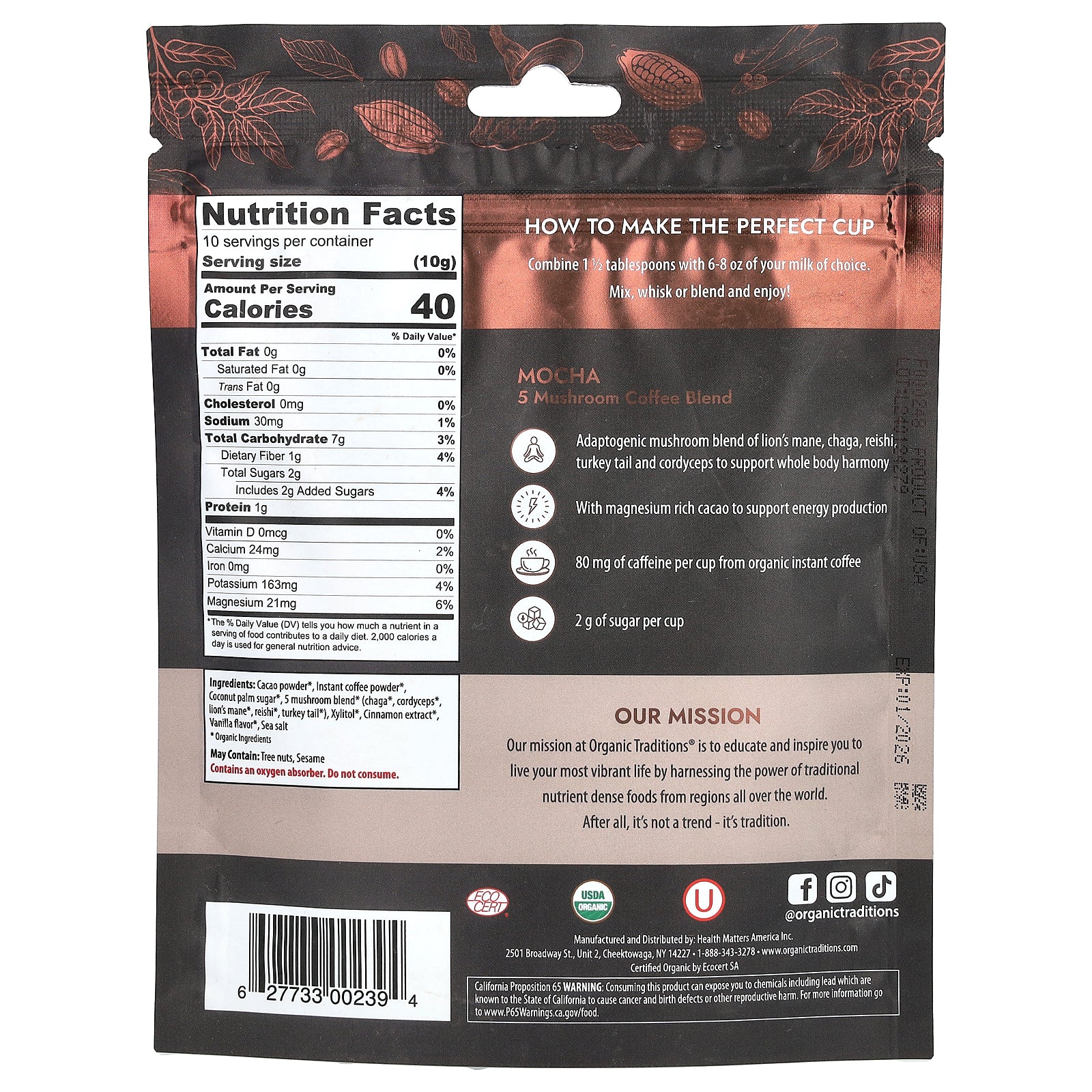 Foto 3 pulgar | Coffee Blend Organic Traditions  5 Hongos  Moca  100 G - Venta Internacional.