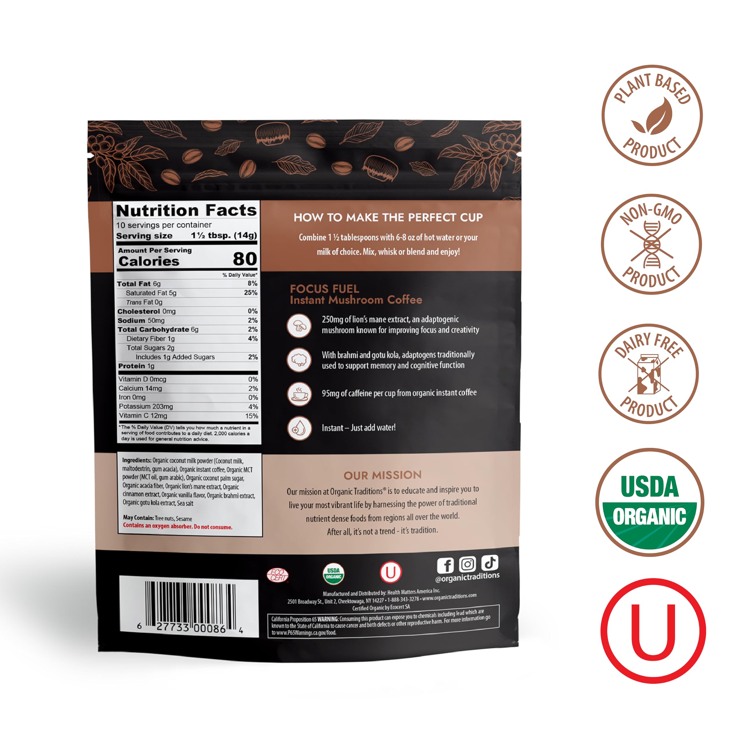 Foto 2 | Café Con Hongos Organic Traditions Focus Fuel 140 G/150 Ml - Venta Internacional.