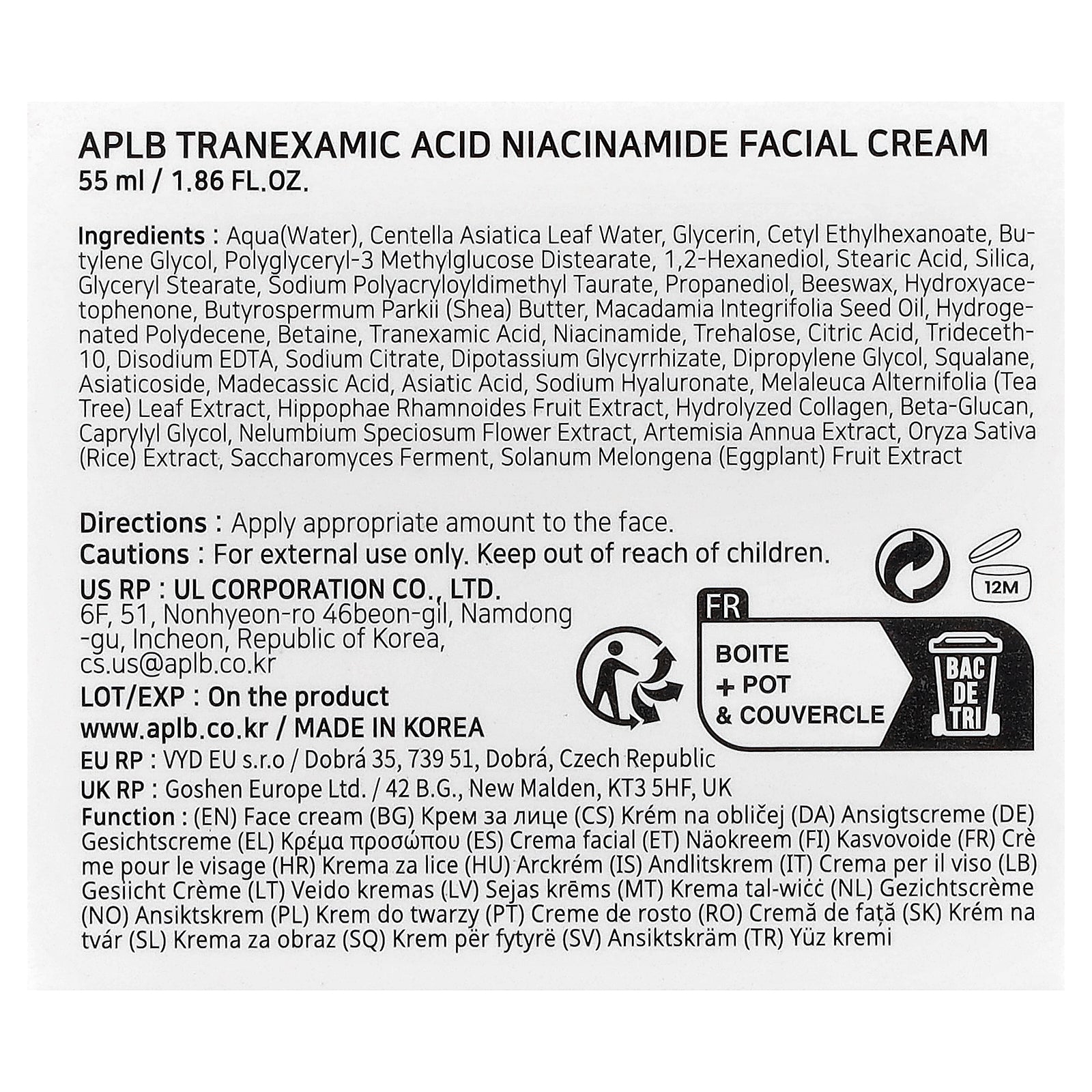Foto 4 pulgar | Crema Facial Aplb Ácido Tranexámico Y Niacinamida  55 Ml - Venta Internacional.