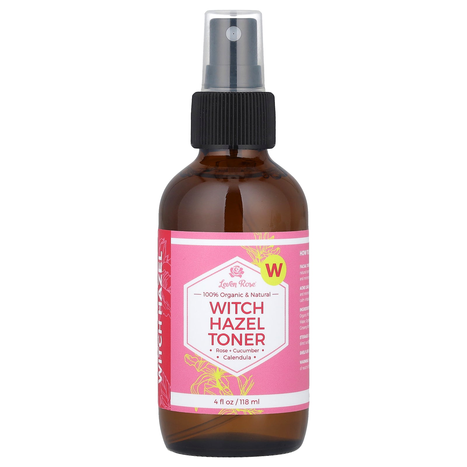 Tónico Leven Rose Witch Hazel 100% Orgánico Y Natural  118 Ml - Venta Internacional.