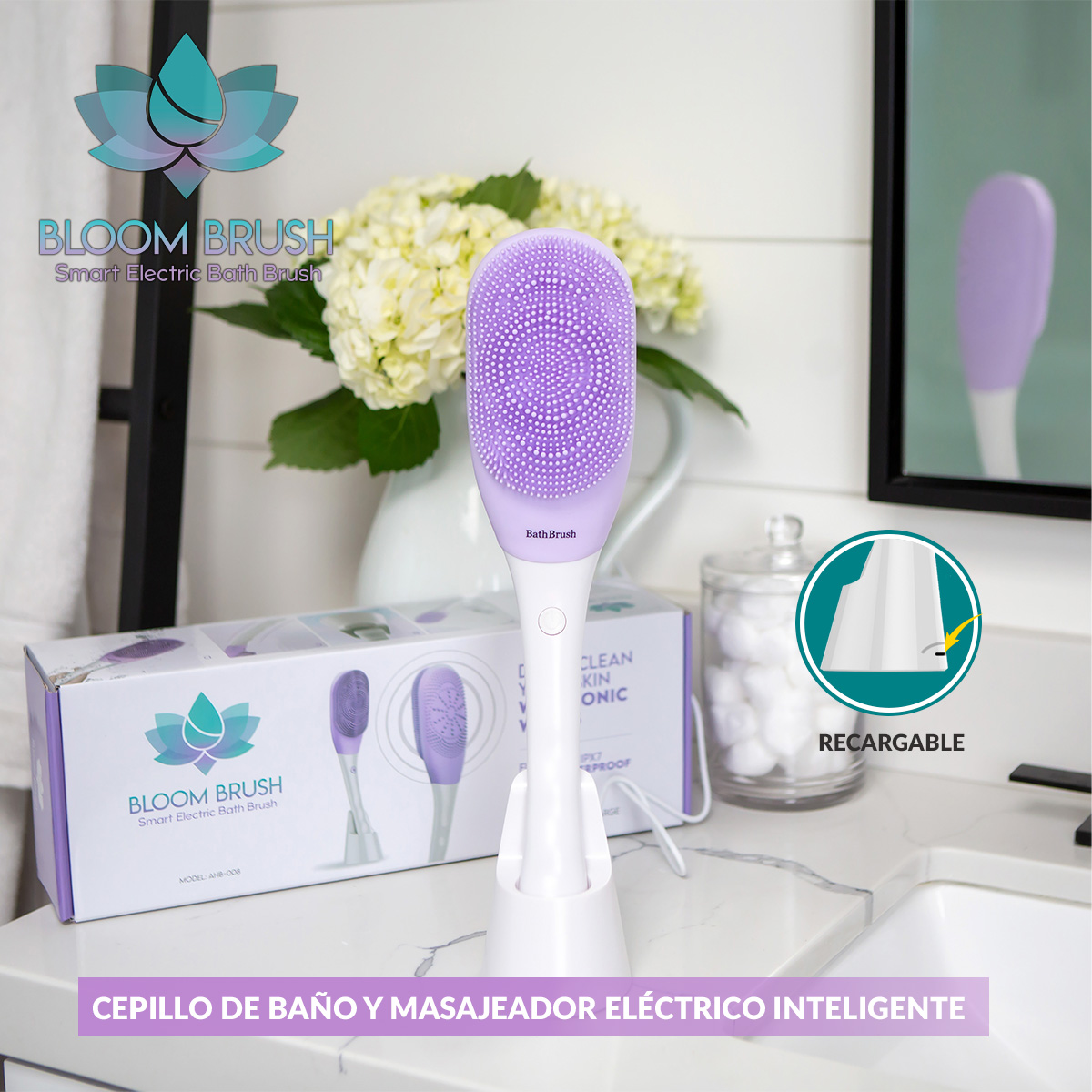 Foto 4 pulgar | Cepillo Exfoliante Corporal Tv Ofertas Bloom Brush Color Lila Con 3 Velocidades