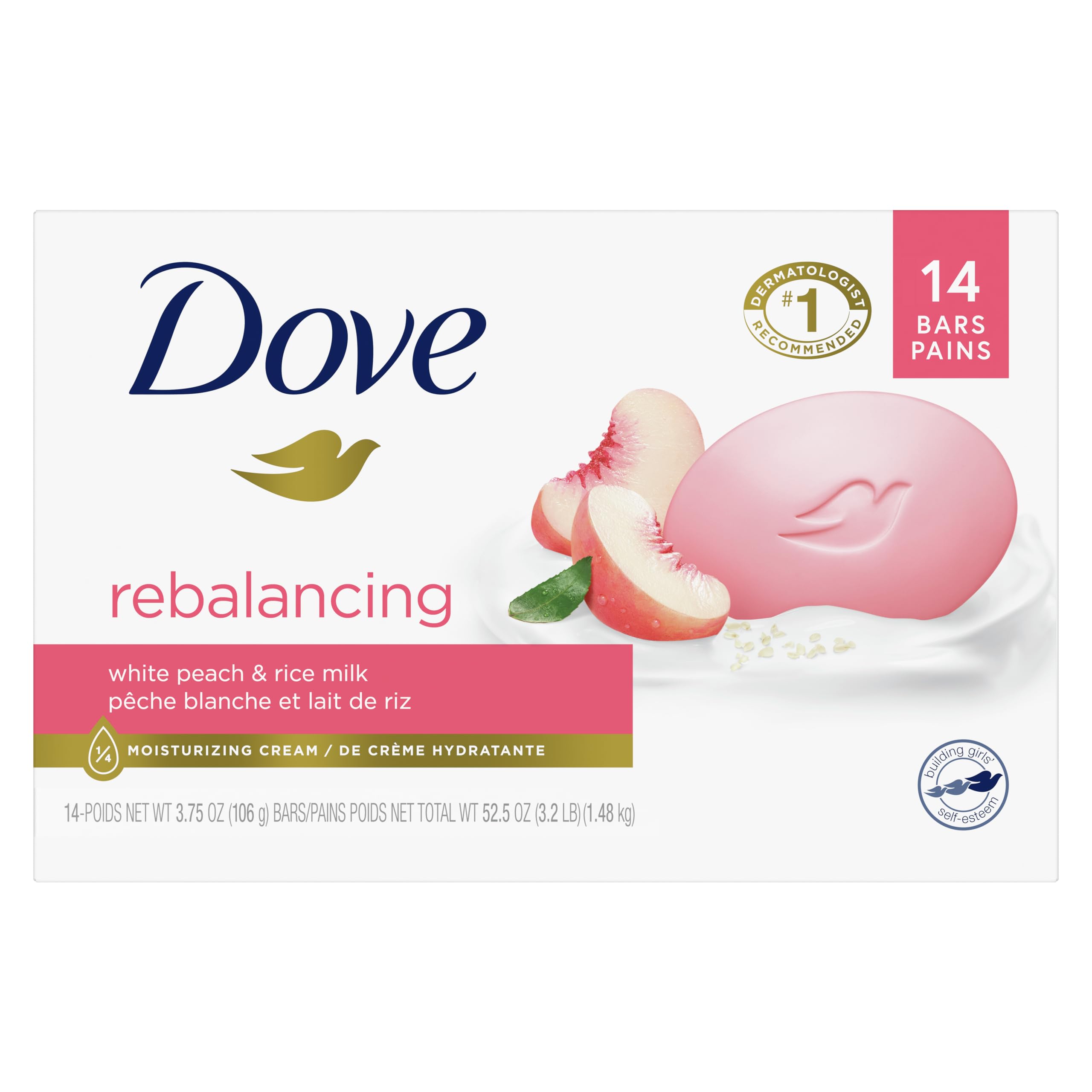 Jabón Dove Beauty Bar Que Reequilibra La Leche Blanca De Melocotón Y Arroz, 14 X 100 G - Venta Internacional.