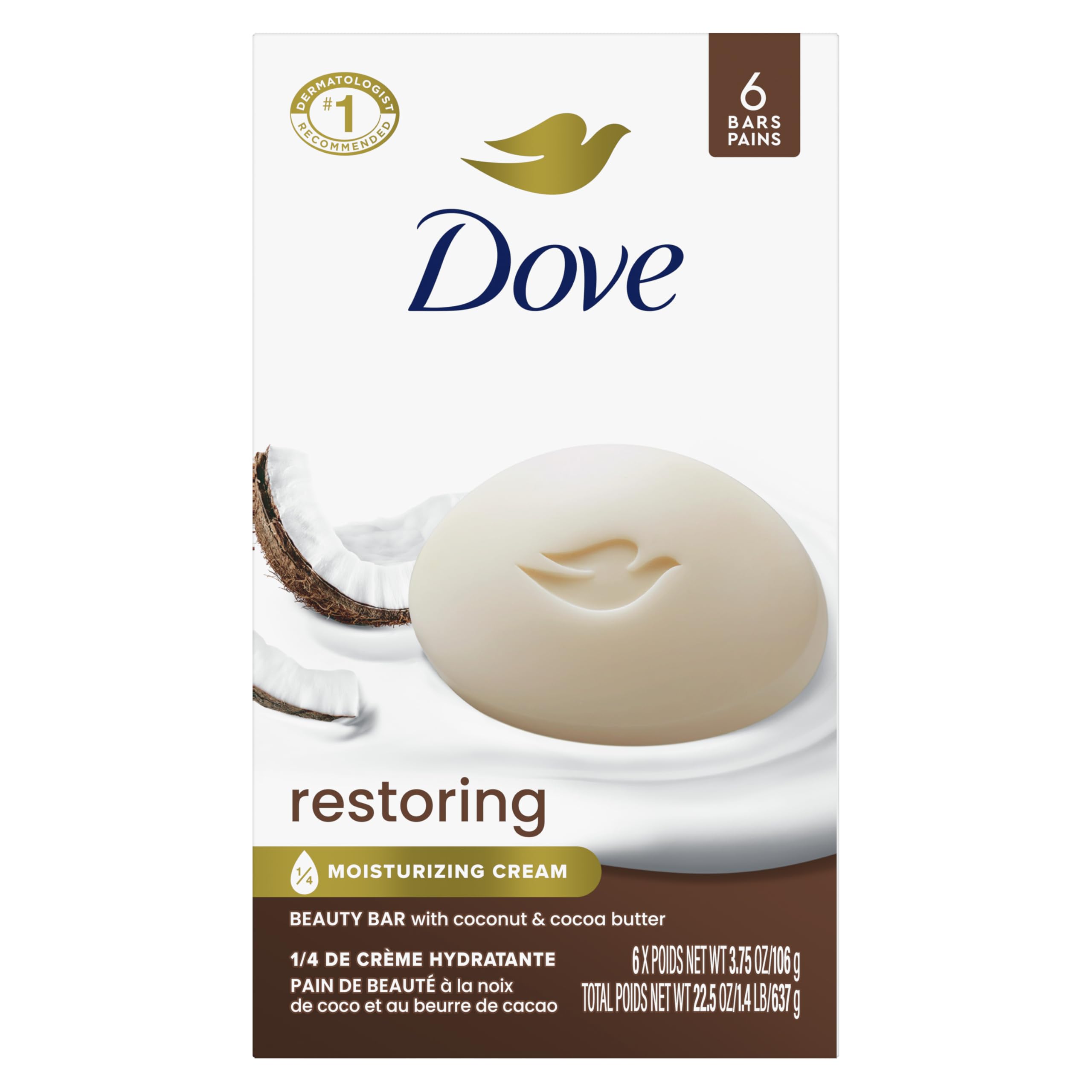 Barra De Belleza Soap Dove Beauty Bar Restauradora Con Manteca De Coco Y Cacao, 110 G, 6 Unidades - Venta Internacional.