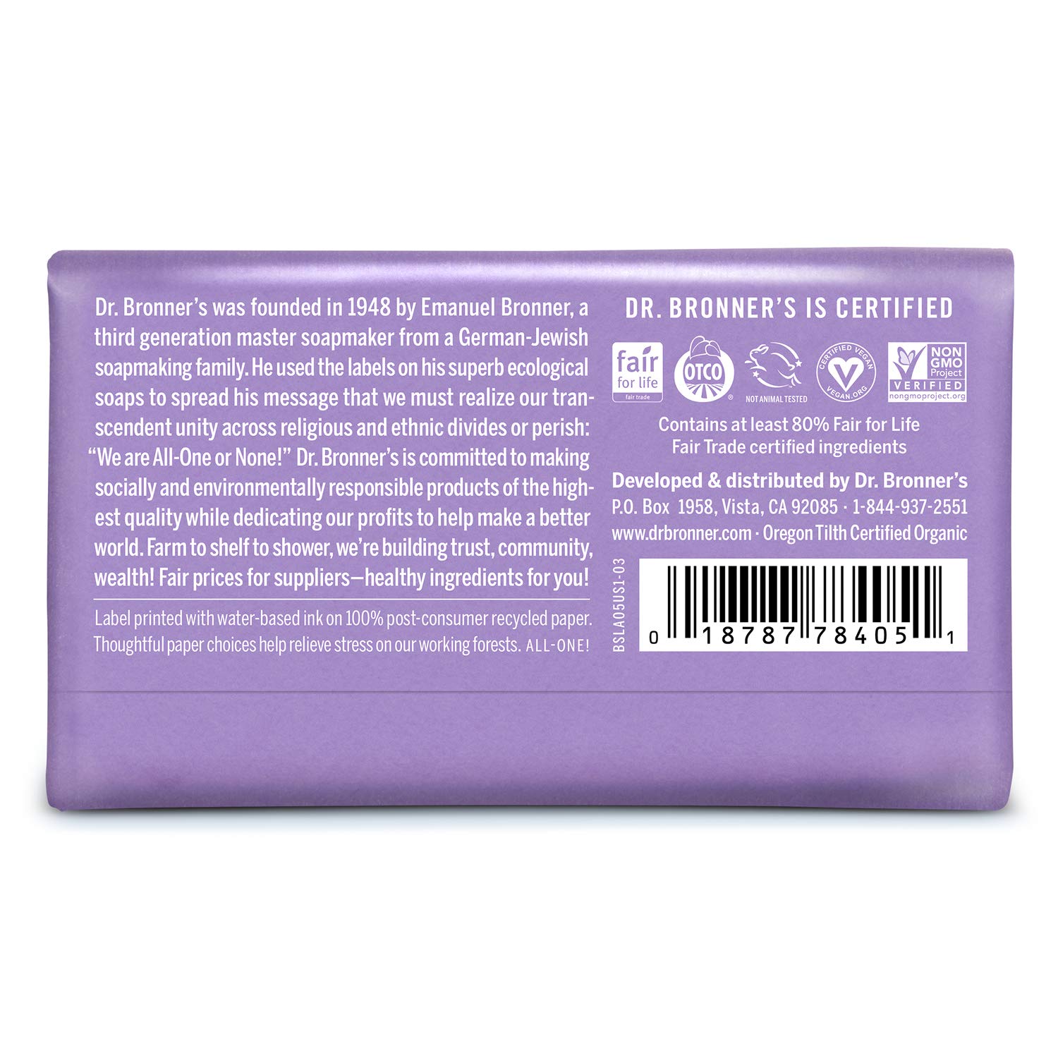 Foto 3 pulgar | Jabón En Barra Dr. Bronner's Pure-castile Lavender, 150 Ml, Paquete De 6 - Venta Internacional.