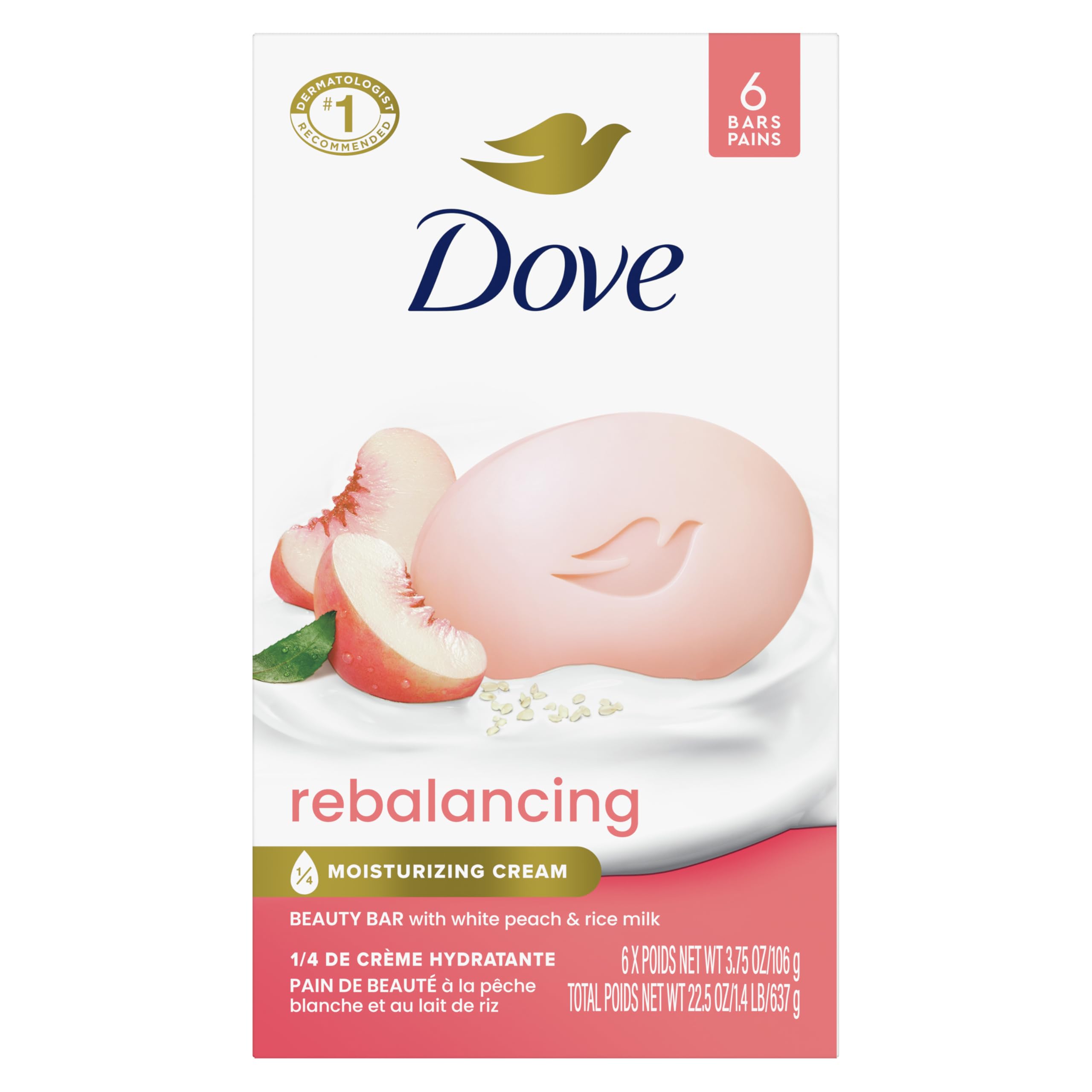 Barra De Belleza Soap Dove  Reequilibrante  Melocotón Blanco Y Leche De Arroz  110 G  6 Unidades - Venta Internacional.