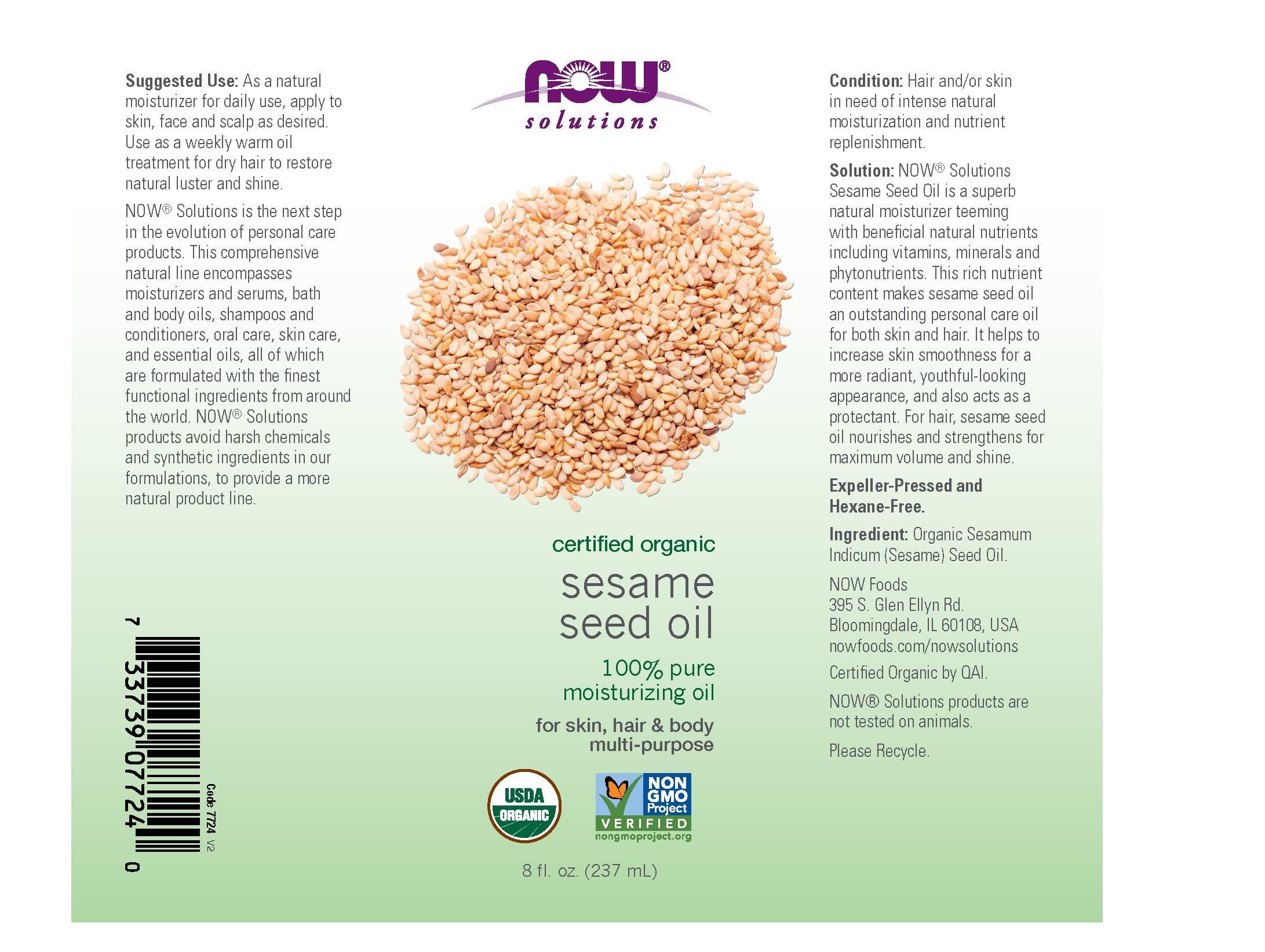 Foto 2 | Aceite Hidratante Now Solutions De Semillas De Sésamo Orgánico 240 Ml - Venta Internacional.