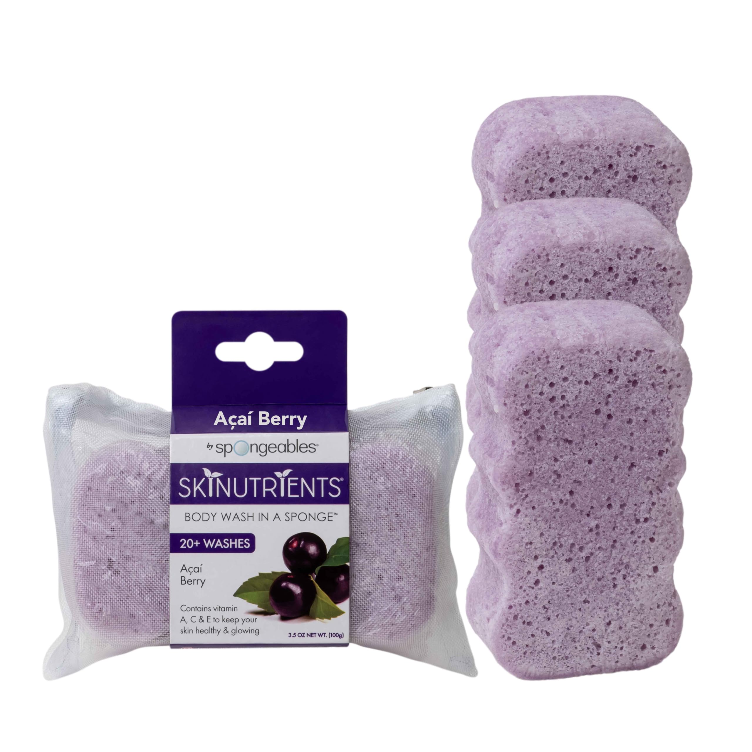 Esponja De Gel Corporal Spongeables Acai Berry 20+ Wash, 3 Unidades - Venta Internacional.