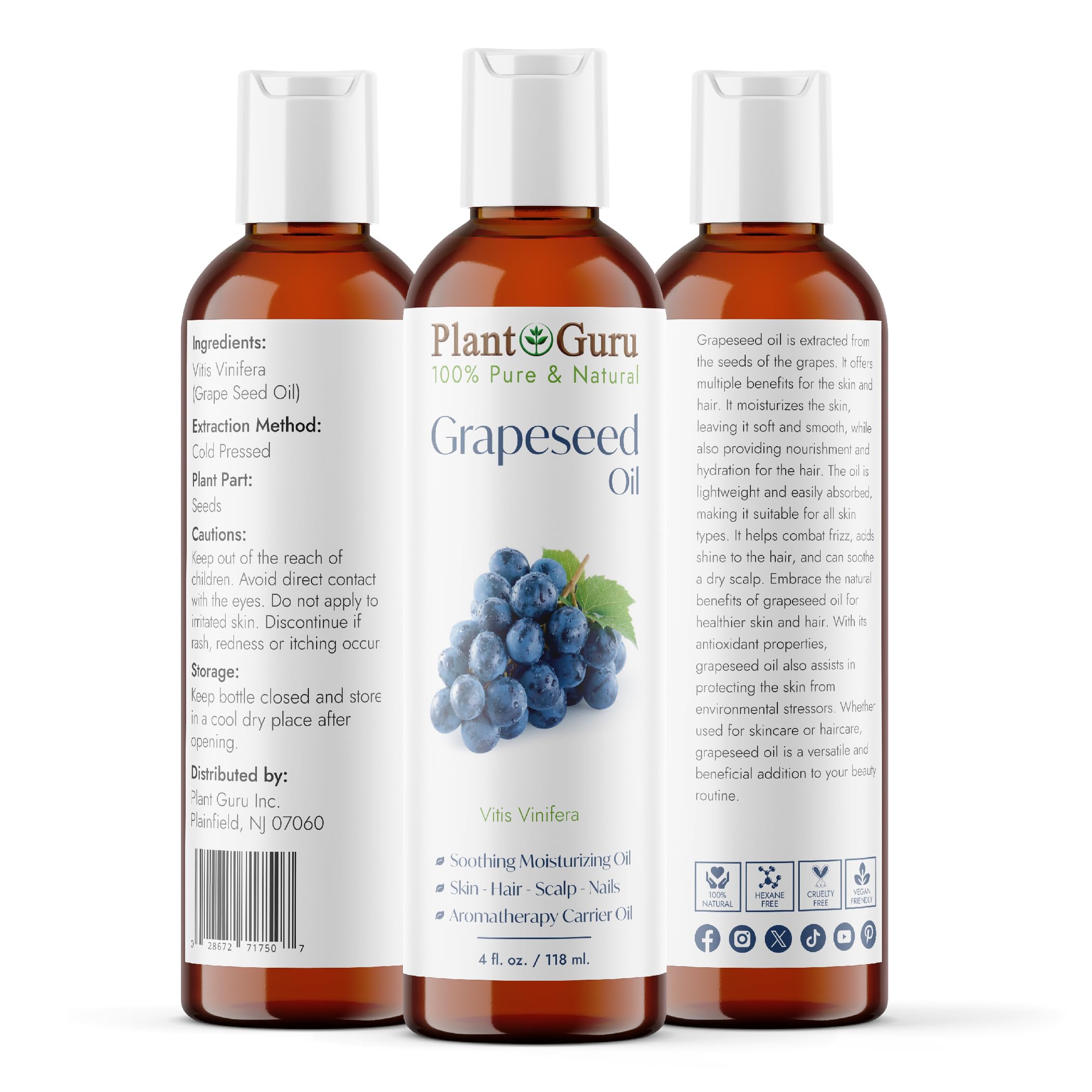 Foto 3 pulgar | Aceite De Semilla De Uva Carrier Plant Guru, 120 Ml, Prensado En Frío, 100% Puro - Venta Internacional.