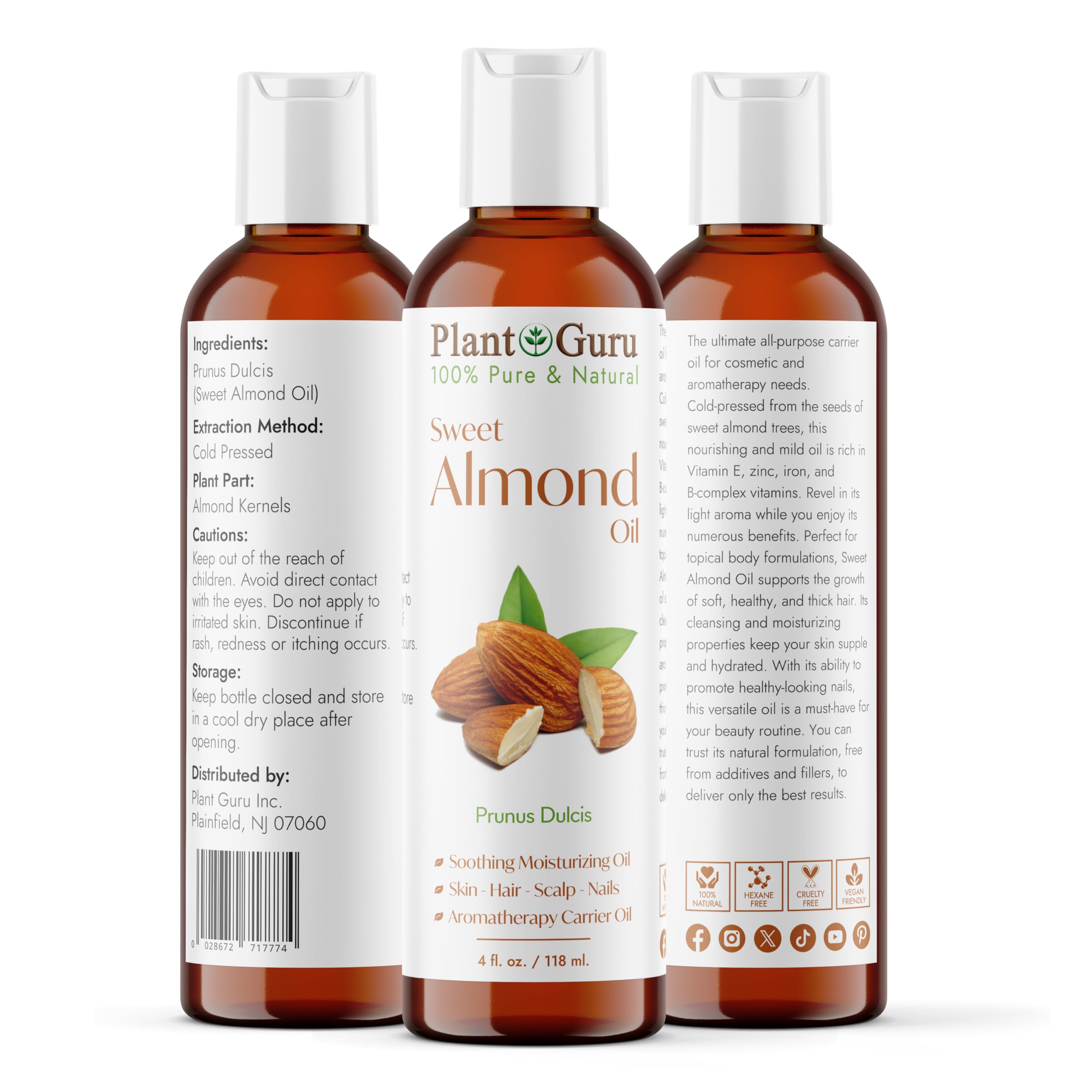 Foto 3 pulgar | Aceite De Almendras Dulces Carrier Oil Plant Guru, 120 Ml, Prensado En Frío - Venta Internacional.