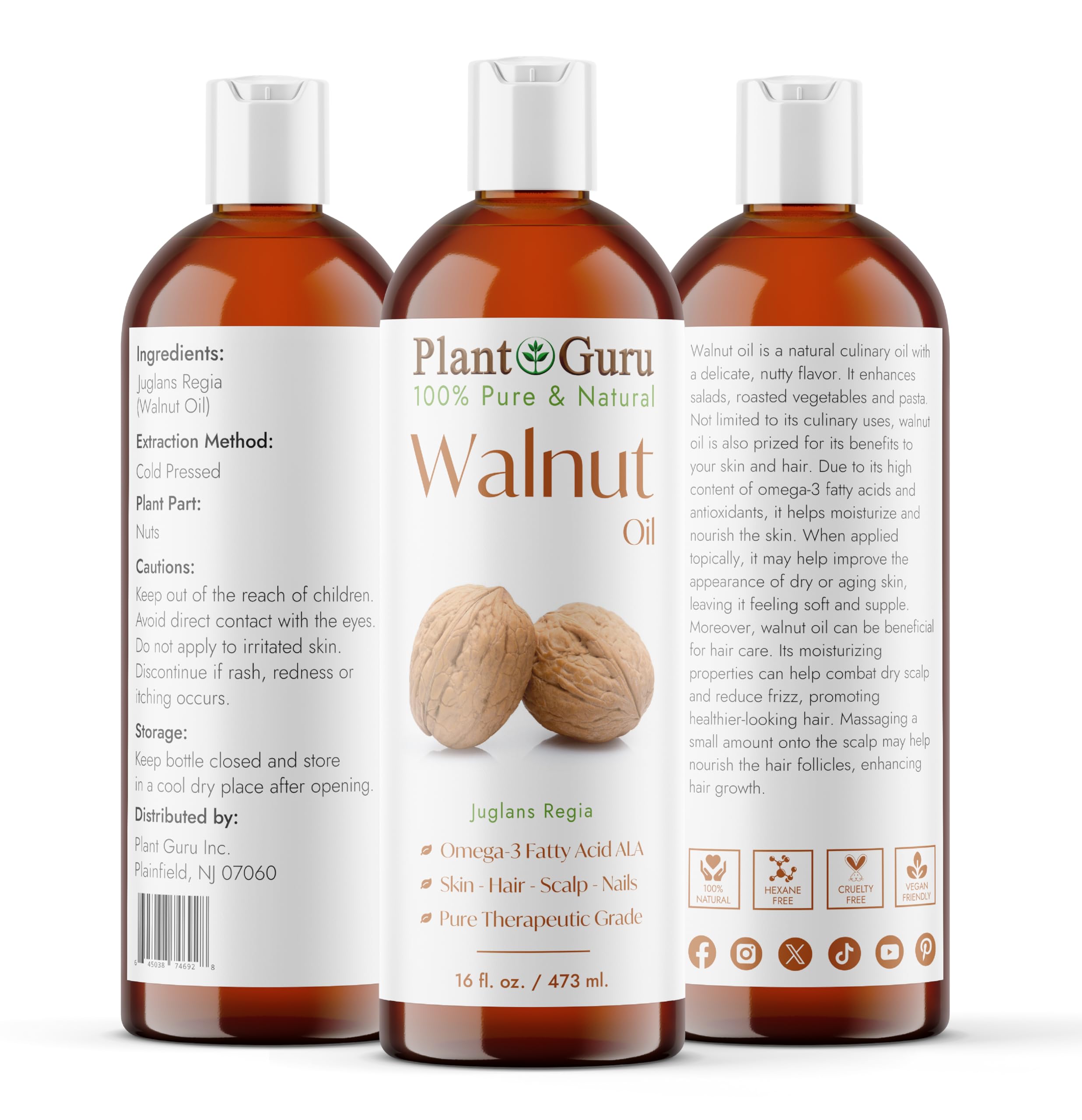 Foto 3 pulgar | Aceite De Nogal Plant Guru 473 Ml, Prensado En Frío, 100% Puro Y Natural - Venta Internacional.
