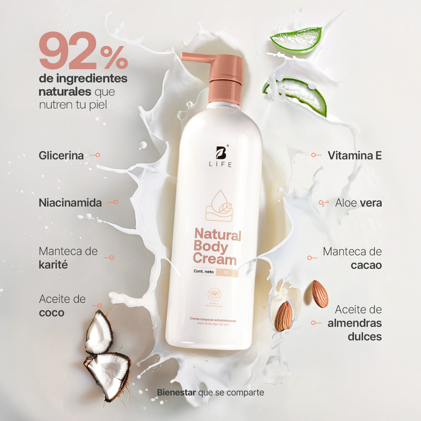 Foto 2 | Crema Corporal Hidratante 1 l on Karité y Almendras Natural Body Cream B Life