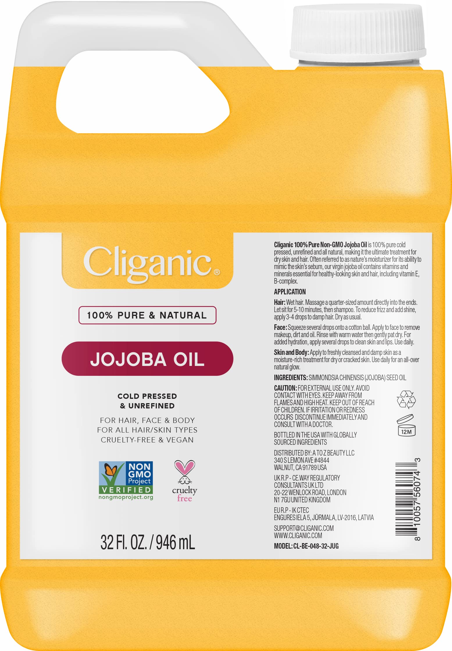 Foto 2 pulgar | Aceite De Jojoba Cliganic 100% Puro, Sin Ogm, 946 Ml, Tamaño A Granel - Venta Internacional.
