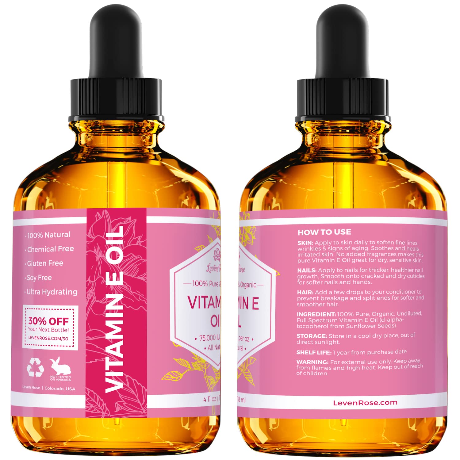 Foto 8 pulgar | Aceite De Vitamina E Leven Rose, 75 000 Ui, 100% Natural Y Orgánico, 120 Ml - Venta Internacional.