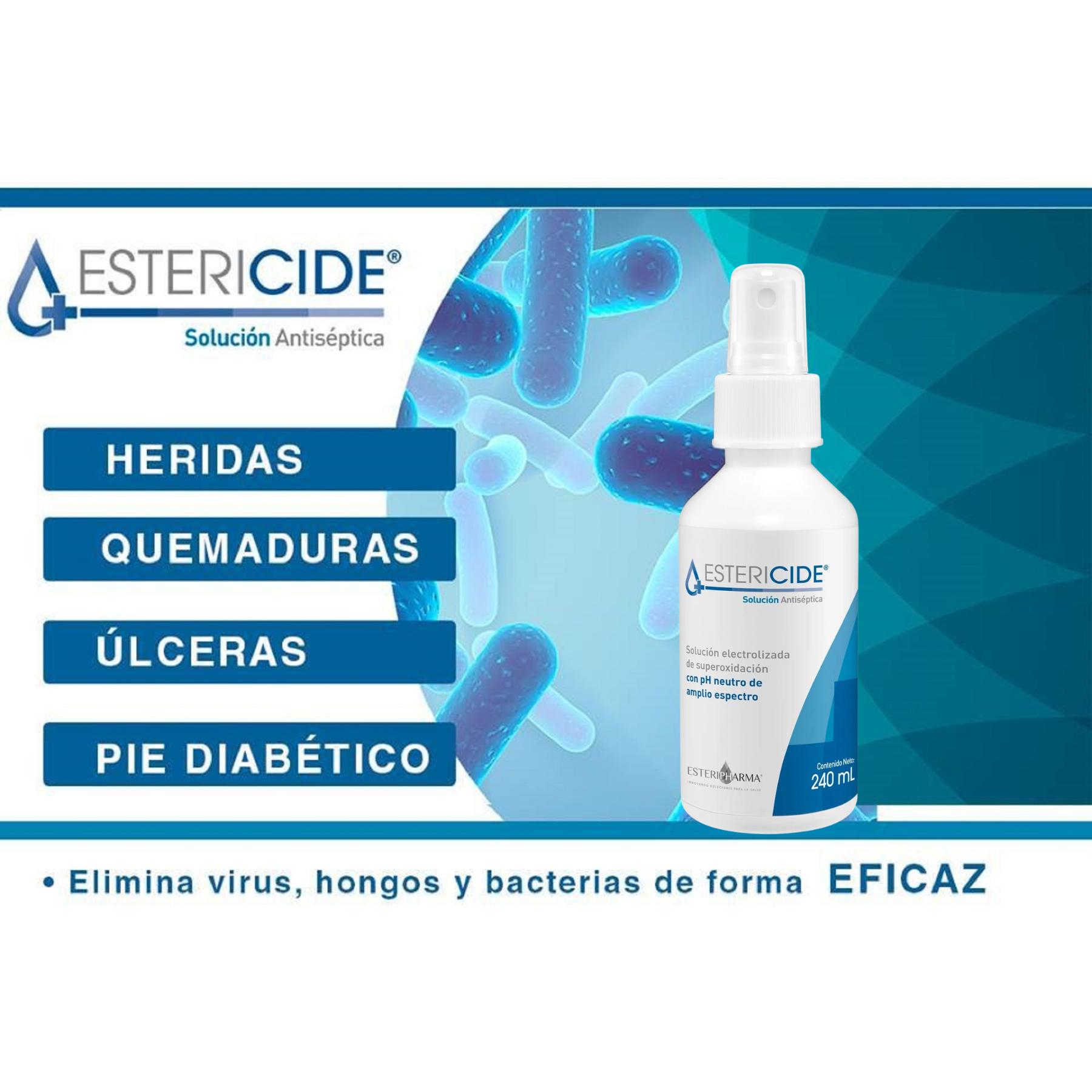 Foto 3 pulgar | Estericide Solución Antiséptica Frasco De 240ml Con Atomizar Para Lesiones, Quemaduras, Pie Diabético E Infecciónes