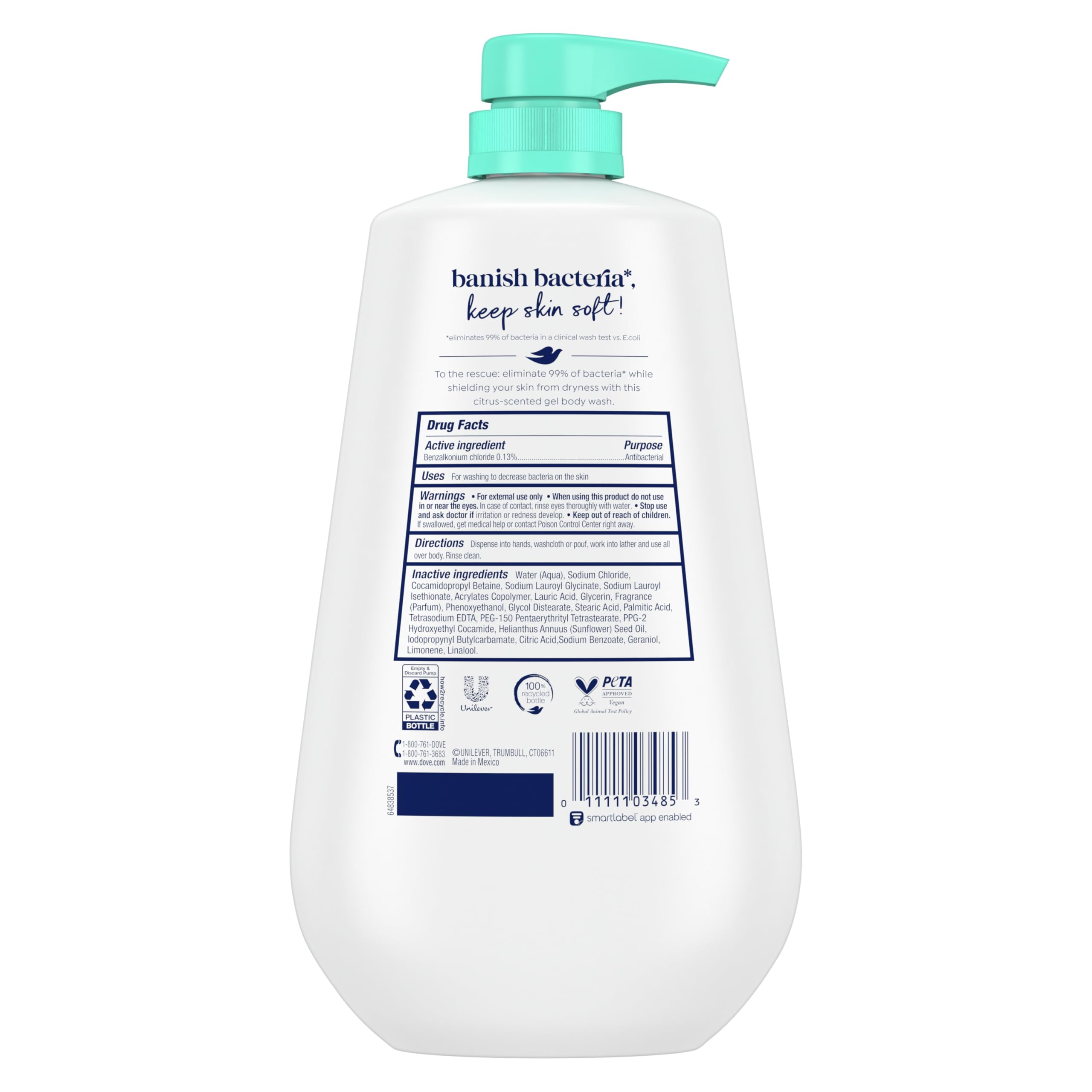 Foto 3 pulgar | Gel De Baño Dove Antibacterial Que Protege La Sequedad, 900 Ml - Venta Internacional.