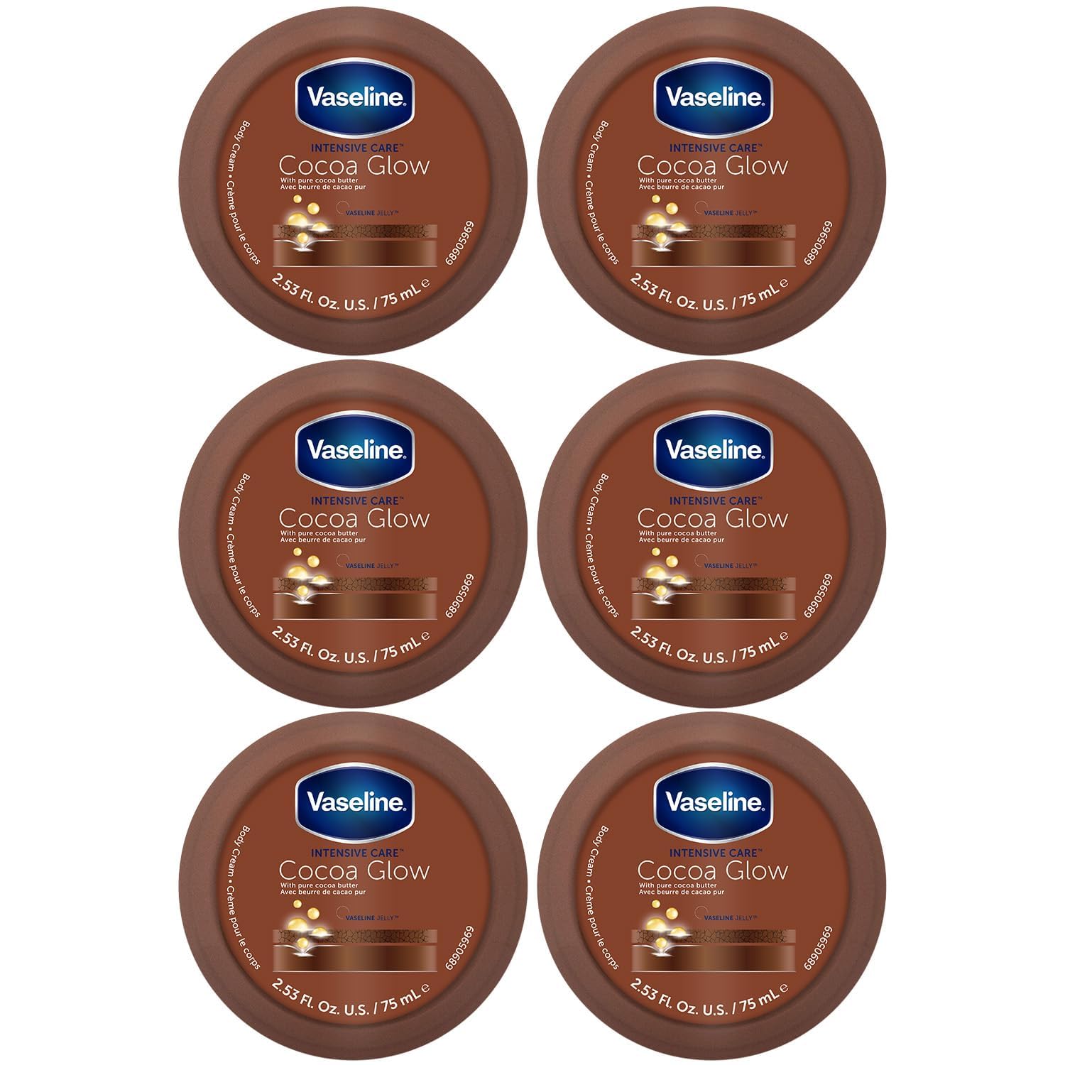 Crema Corporal Vaseline Cocoa Glow 48h  Hidratante  75 Ml  Paquete De 6 - Venta Internacional.