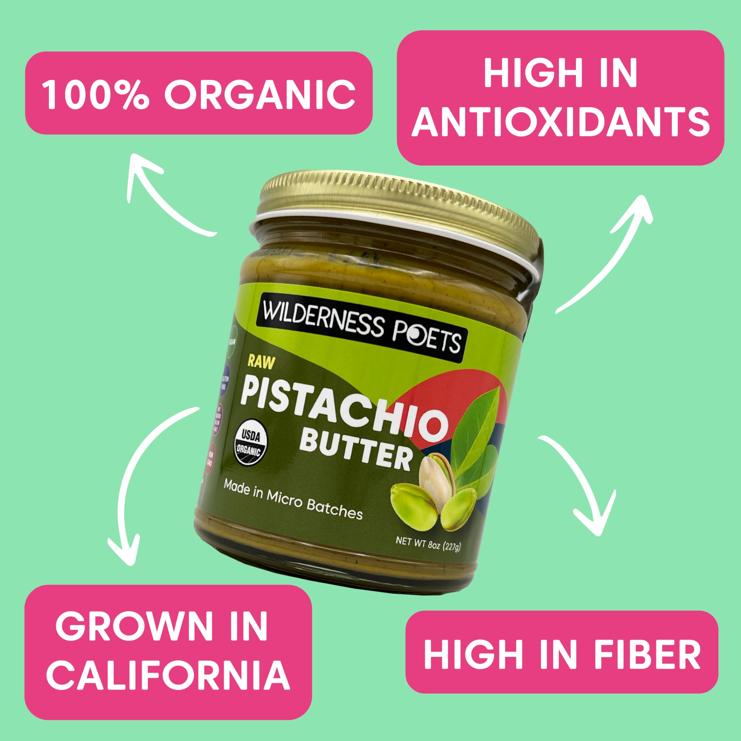 Foto 8 pulgar | Manteca De Pistacho Wilderness Poets Organic Raw  Tarro De Vidrio De 240 Ml - Venta Internacional.