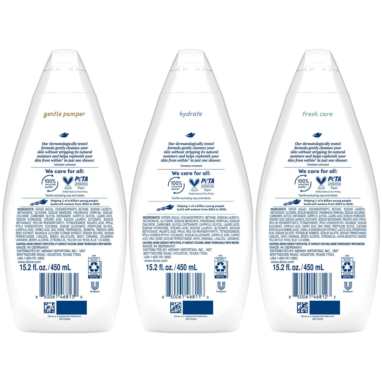 Foto 2 | Gel De Baño Dove Variety Hydrate  Paquete De 3 Unidades  Fresh Care  450 Ml - Venta Internacional.