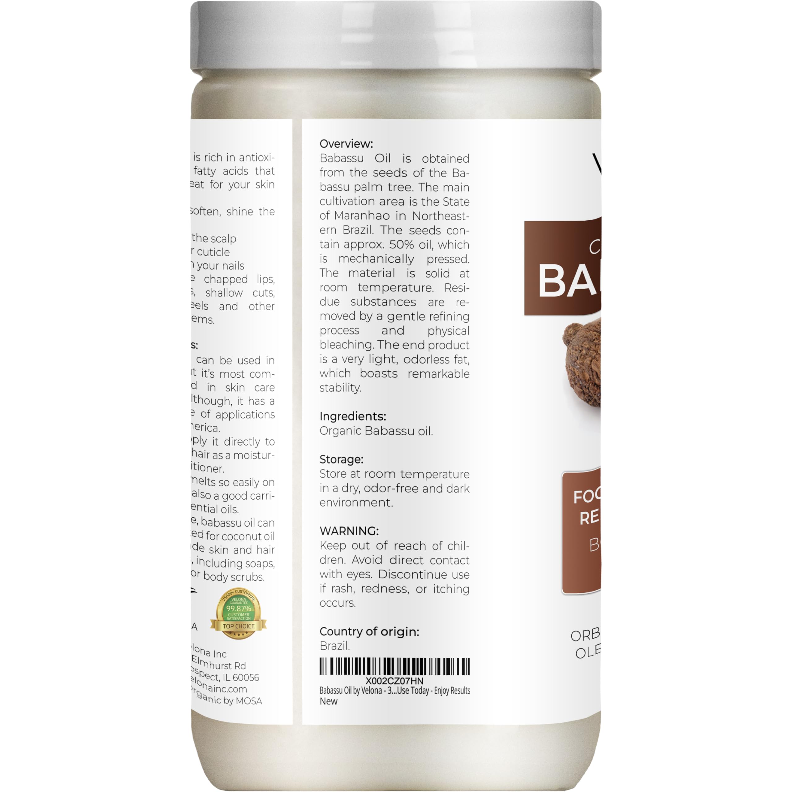 Foto 5 pulgar | Aceite Portador: Aceite De Babasú Velona  Usda Organic  946 Ml - Venta Internacional.