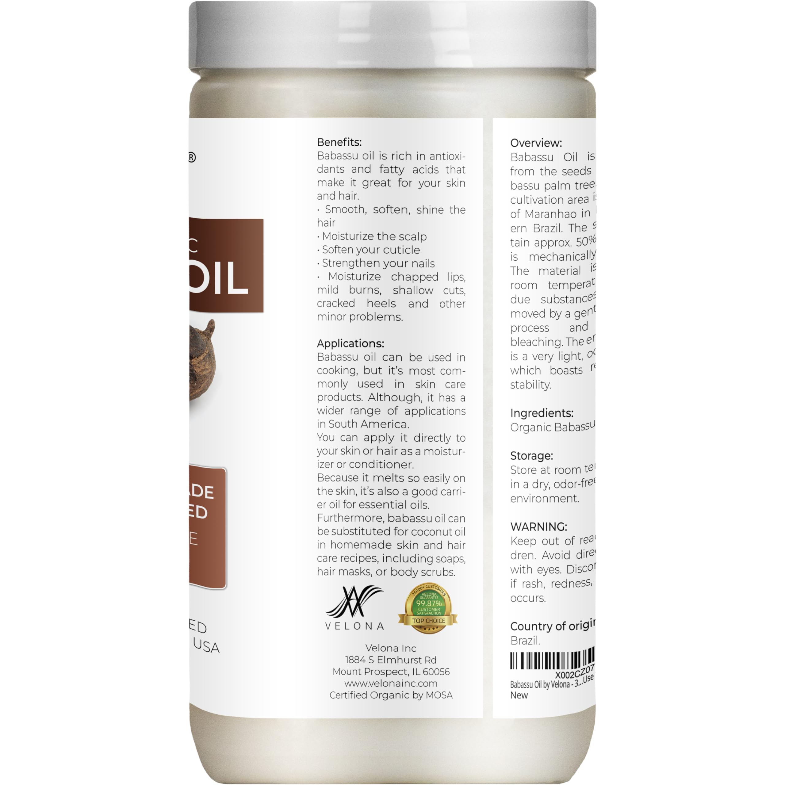 Foto 5 | Aceite Portador: Aceite De Babasú Velona  Usda Organic  946 Ml - Venta Internacional.