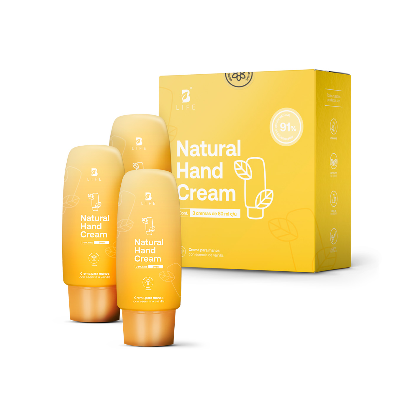 Kit 3 Cremas Para Manos Olor Vainilla. 80 Ml. Con Vitamina E Y Niacinamida. Natural Hand Cream B Life.