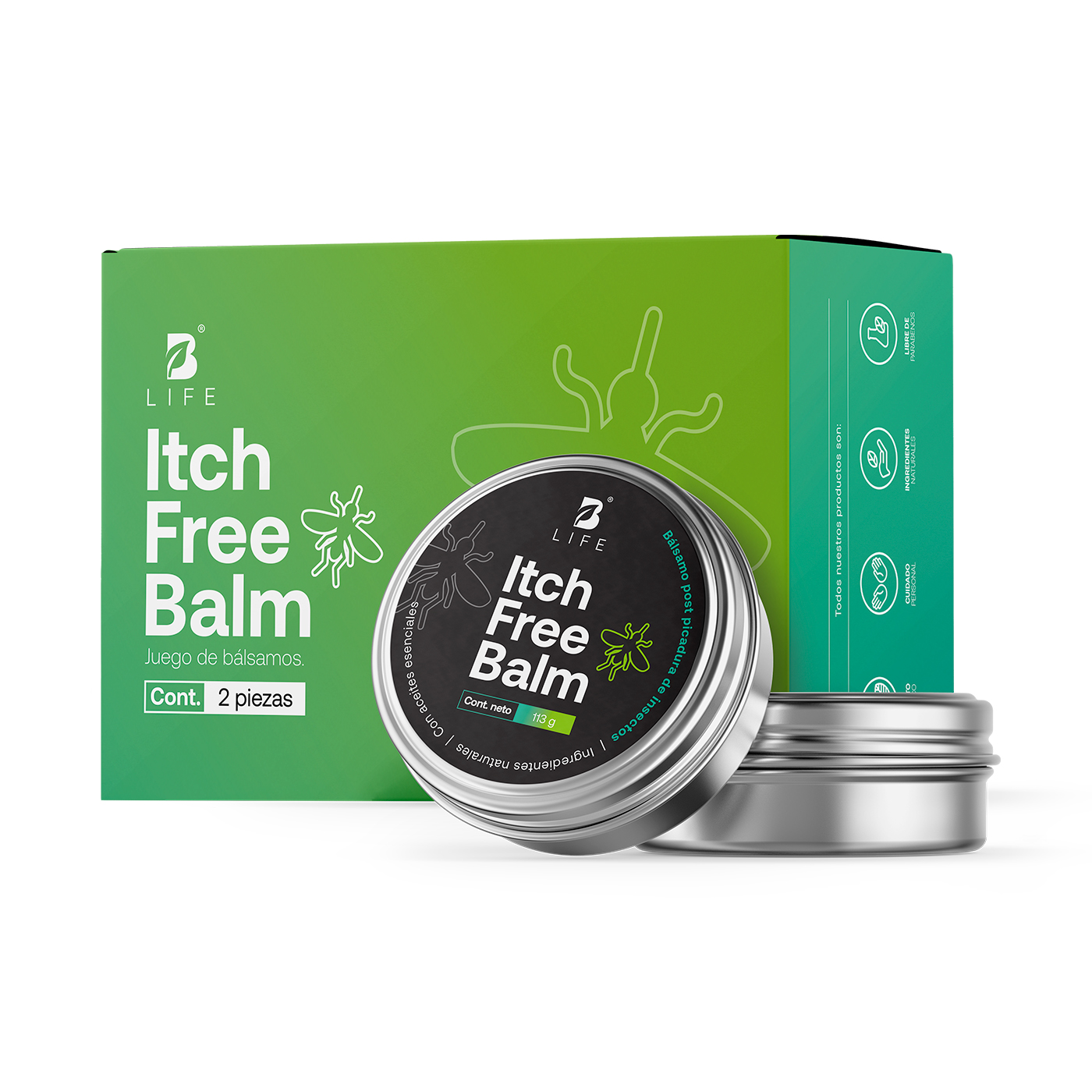 Set De 2 Bálsamos Auxiliares Para Después De Picaduras Mosquitos E Insectos 113 G C/u. Itch Free Balm. B Life.