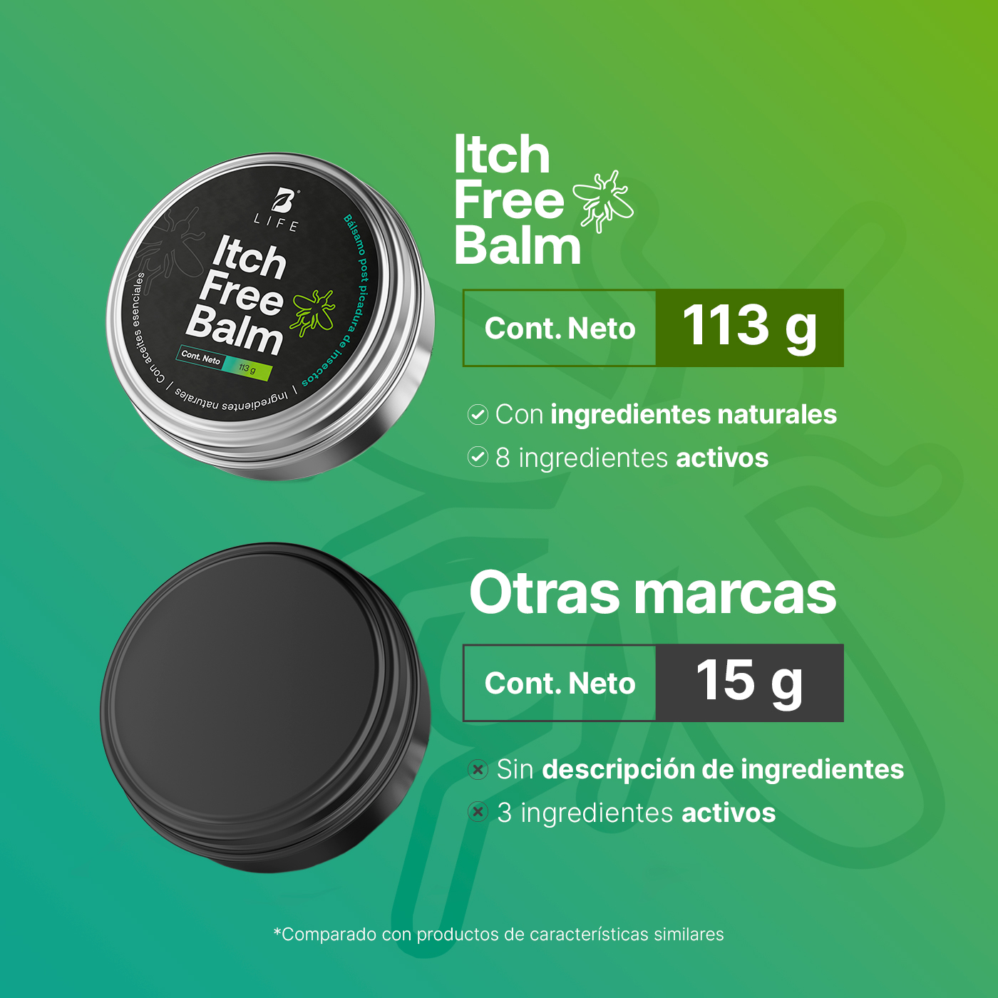 Foto 3 pulgar | Set De 2 Bálsamos Auxiliares Para Después De Picaduras Mosquitos E Insectos 113 G C/u. Itch Free Balm. B Life.