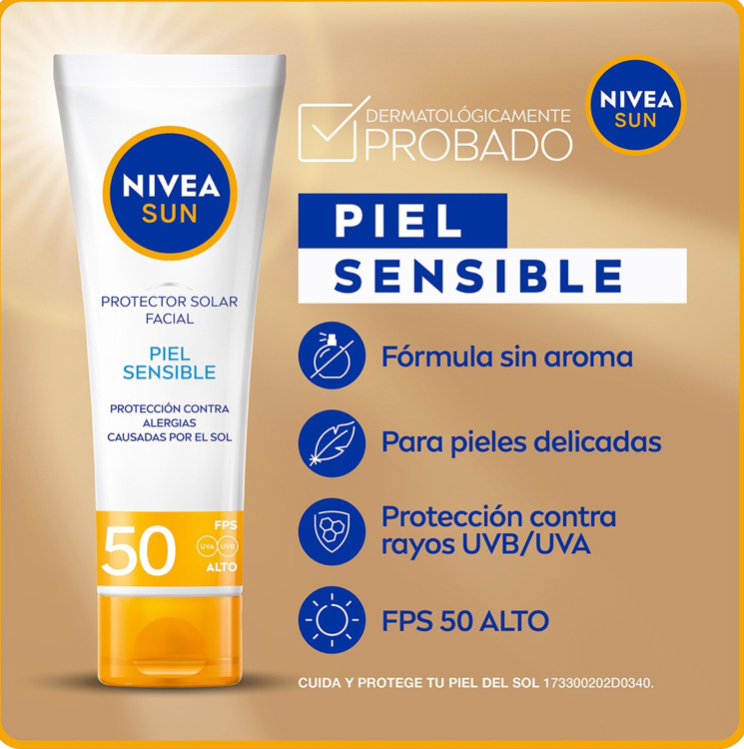 Foto 3 pulgar | Protector Solar Facial Nivea Sun Piel Sensible 50 Fps 50 Ml