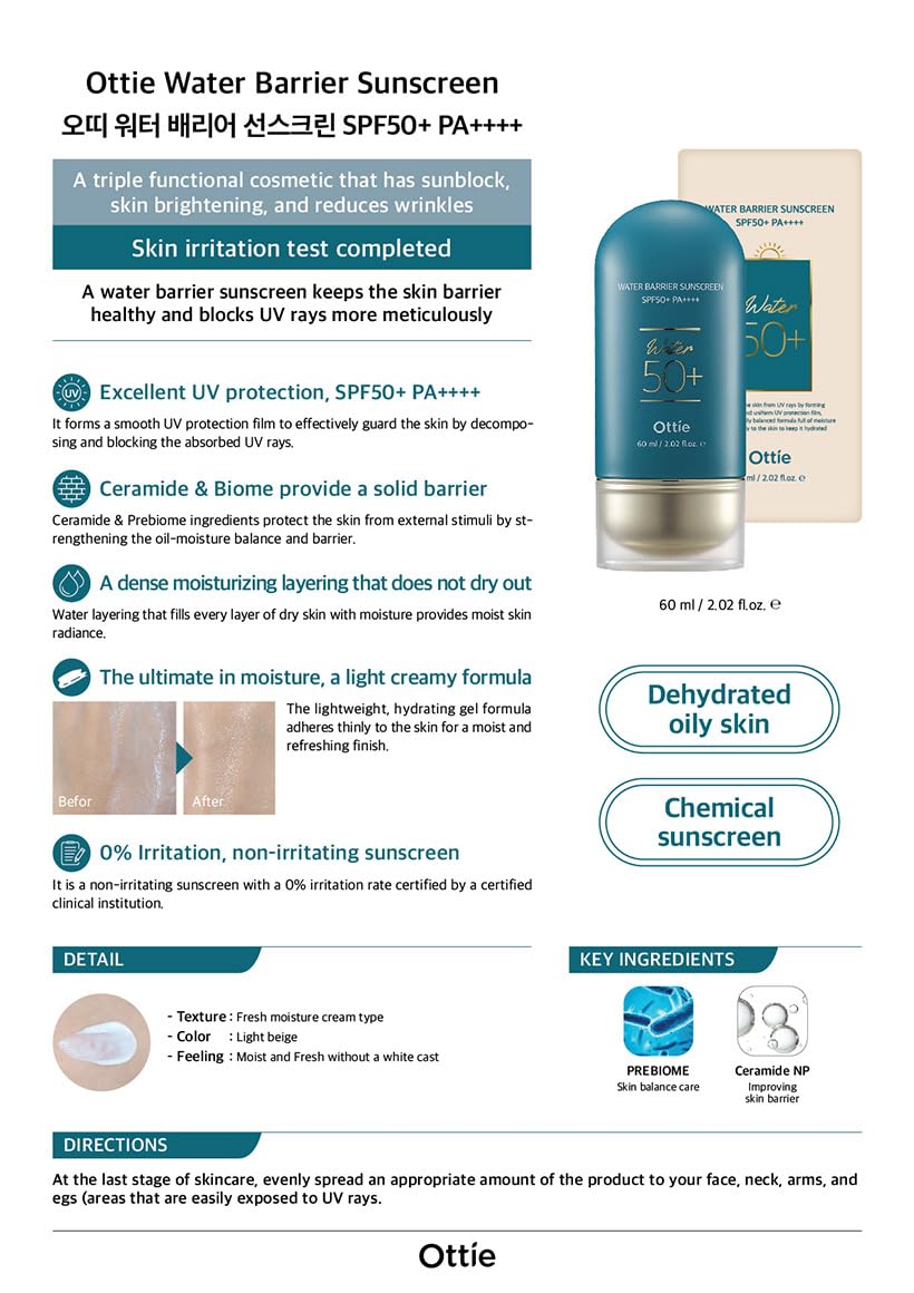 Foto 5 pulgar | Protector Solar Ottie Water Barrier Spf50+ Pa++++ 60 Ml - Venta Internacional.